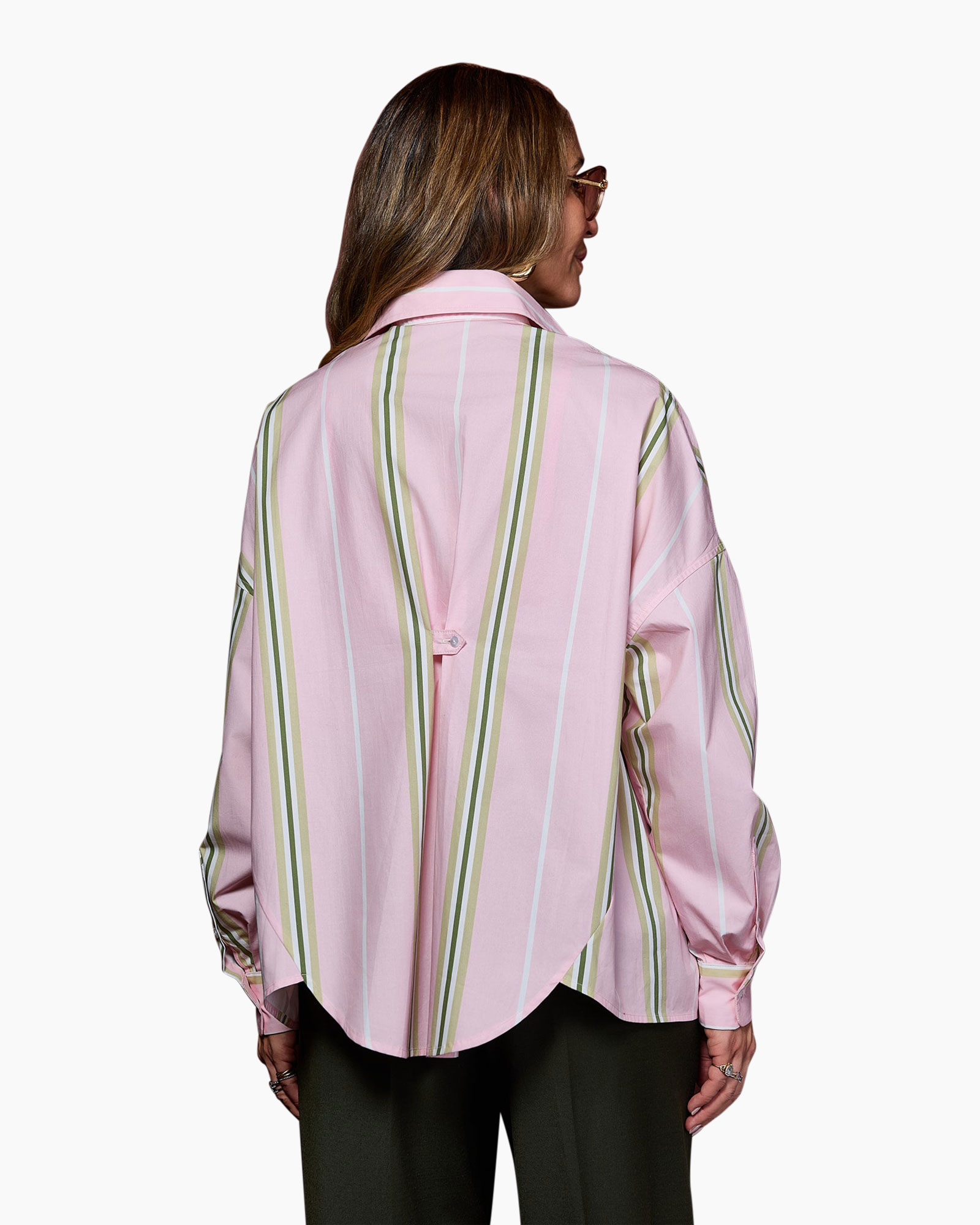 shirt, pink striped, button-down, long sleeve, oversized