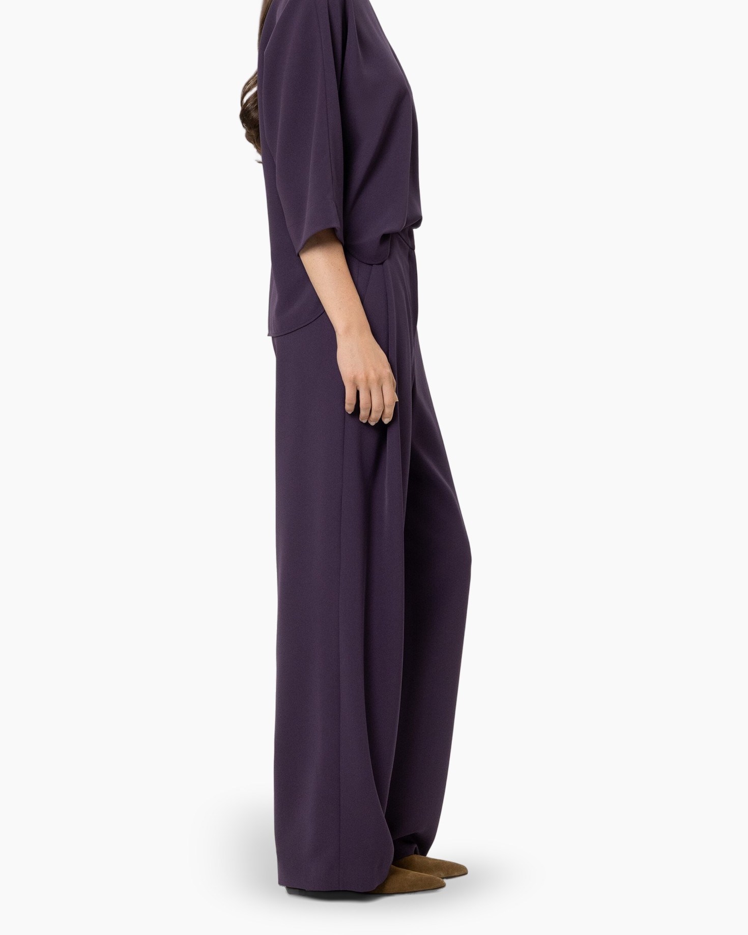 purple, jumpsuit, wide-leg, tailored, pants