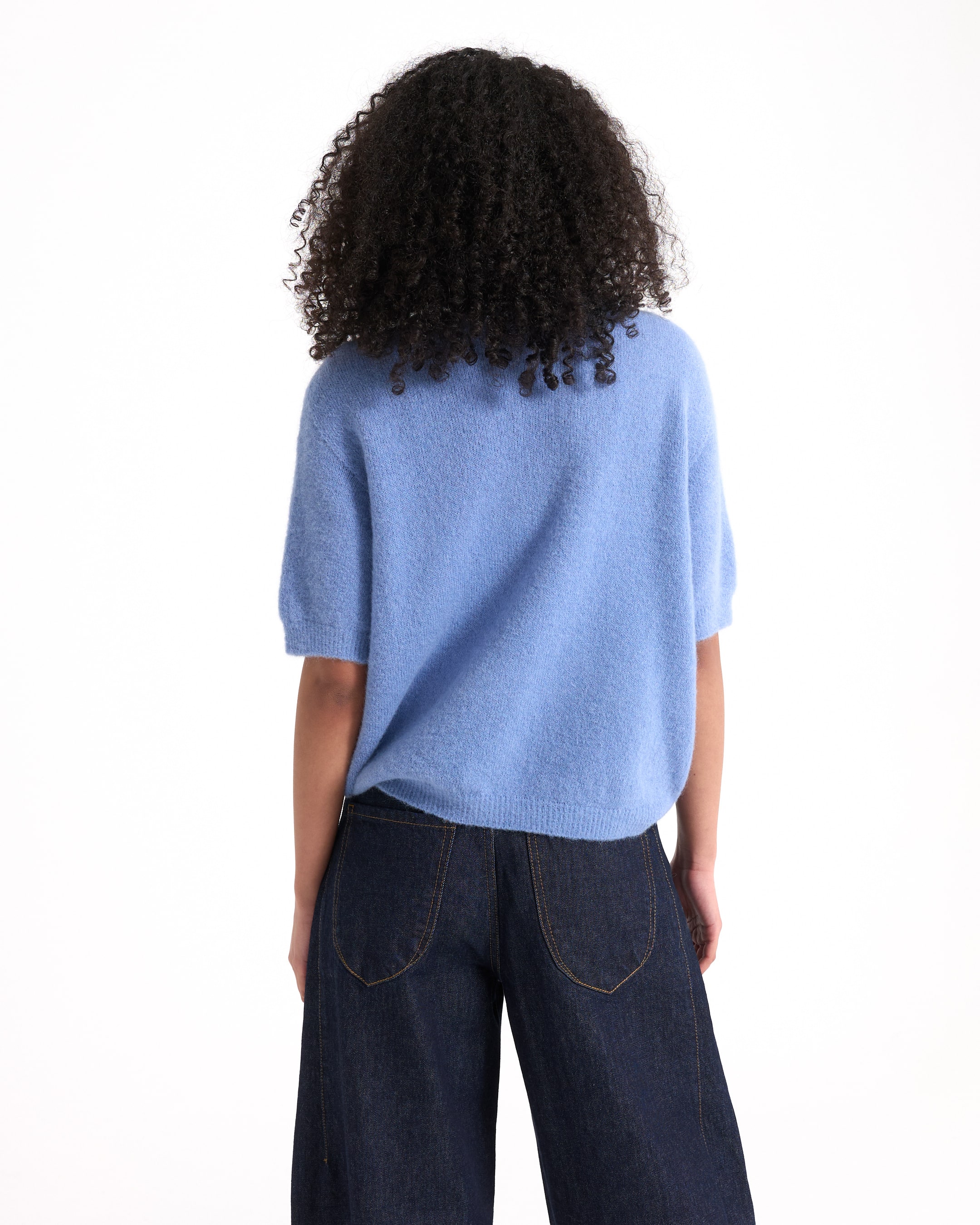 blue sweater, pullover, knit, short sleeves, back view
