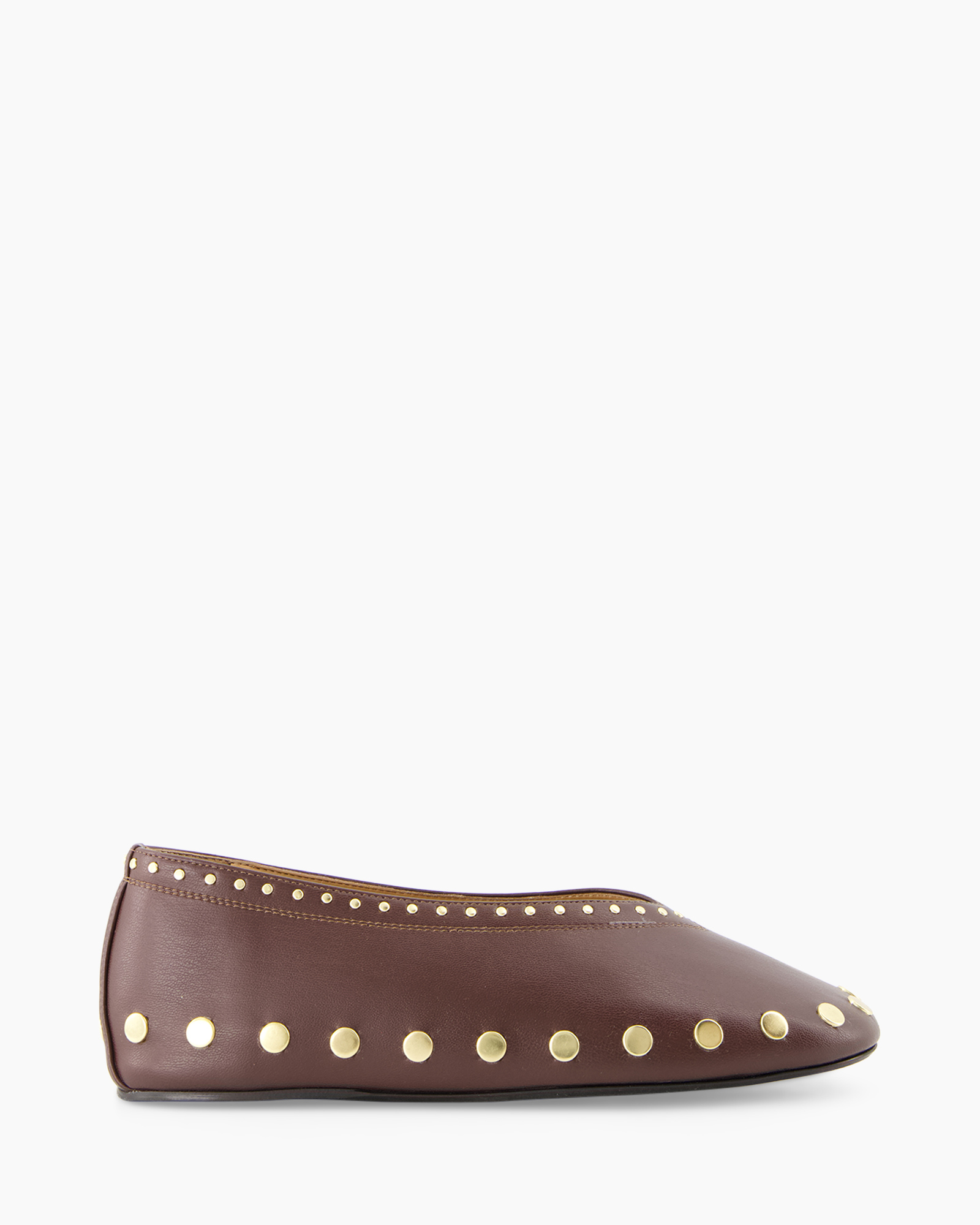 slip-on, ballet flat, brown, studded, leather