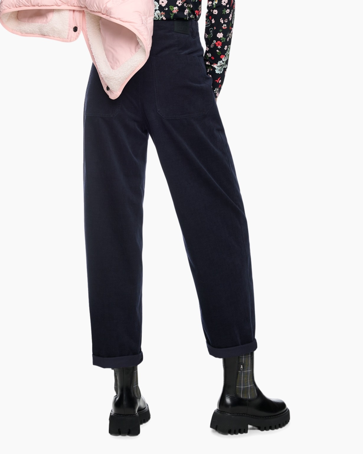 pants, navy, corduroy, back pockets, rolled cuffs