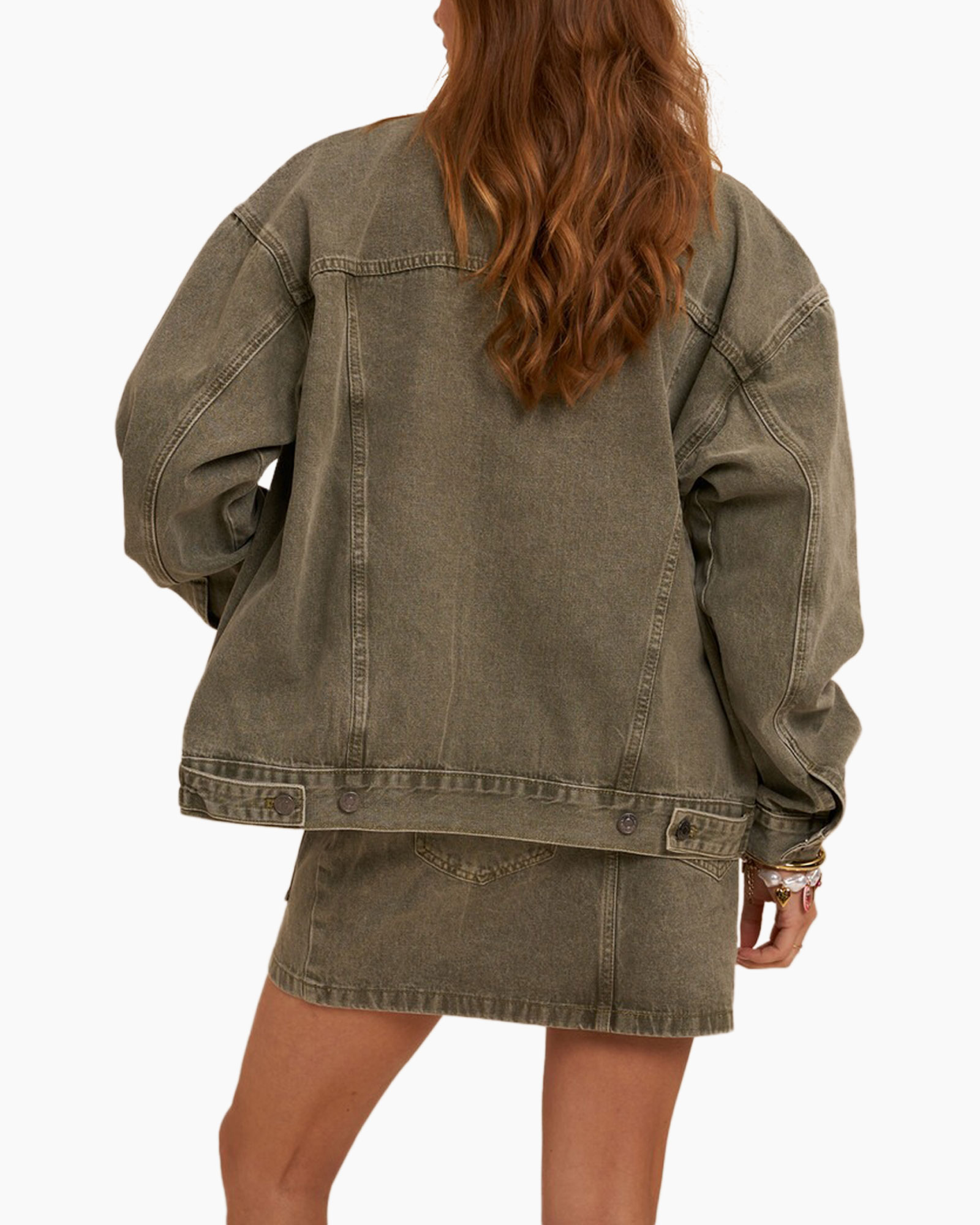 denim jacket, olive green, oversized, button front, pocket skirt set