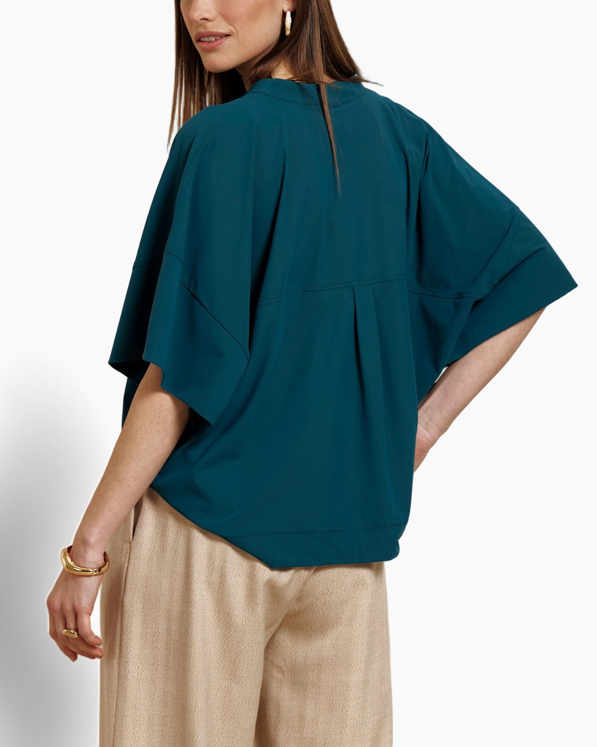 teal top, batwing sleeves, loose fit, crew neck, pleat detail