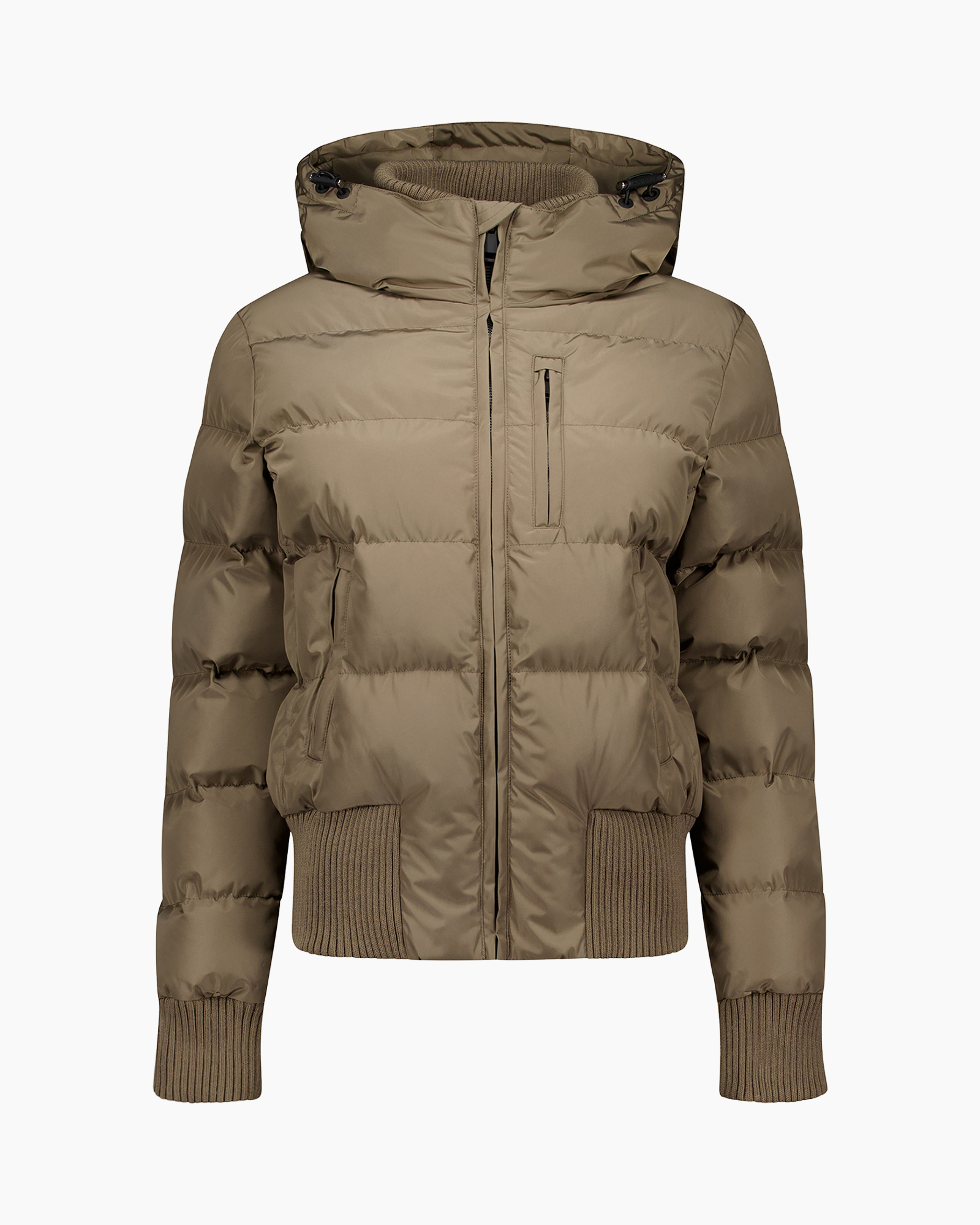 puffer jacket, down jacket, hooded, zipper, ribbed cuffs