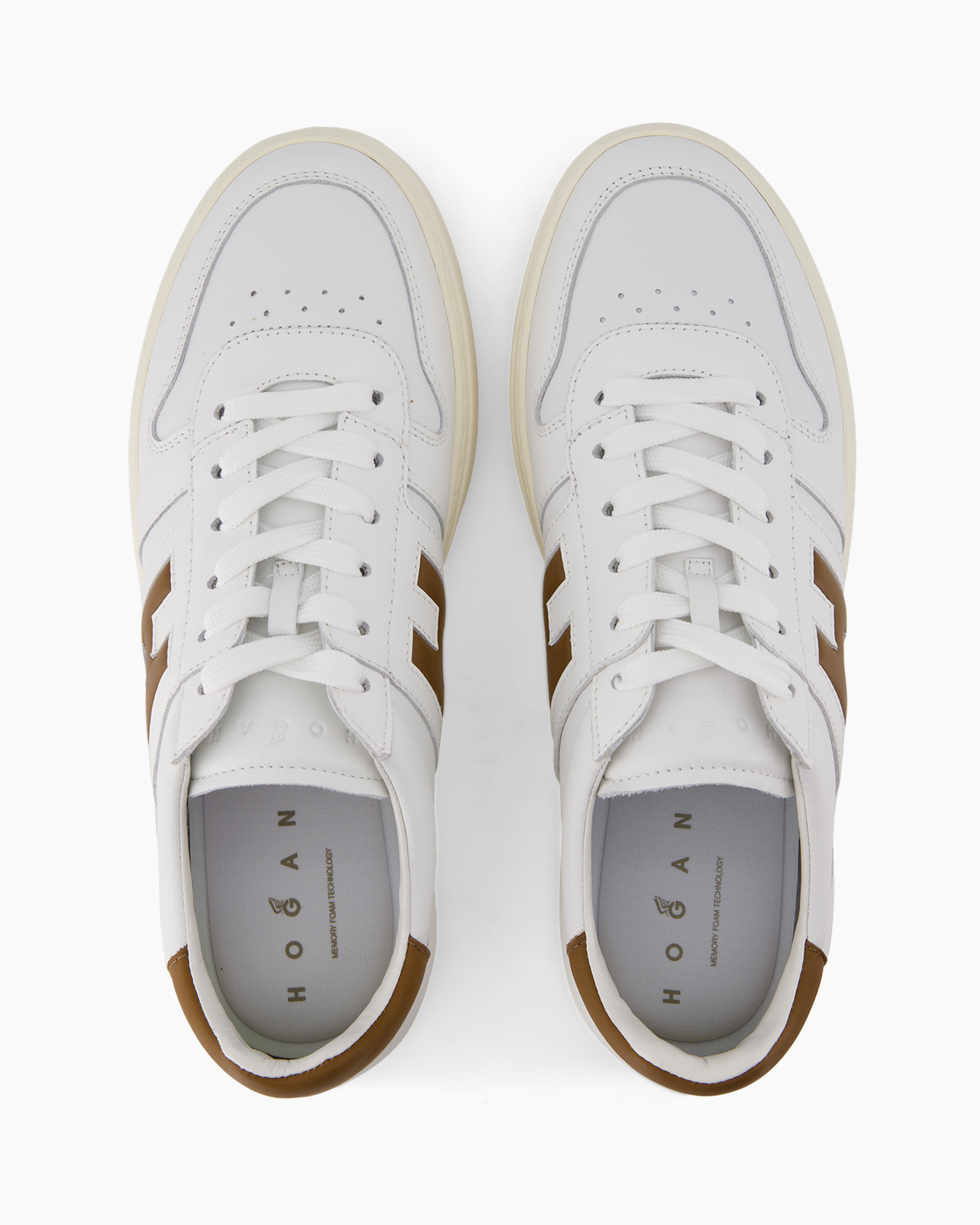 sneakers, white, low-cut, laceless? actually laced, brown accent, athletic shoe