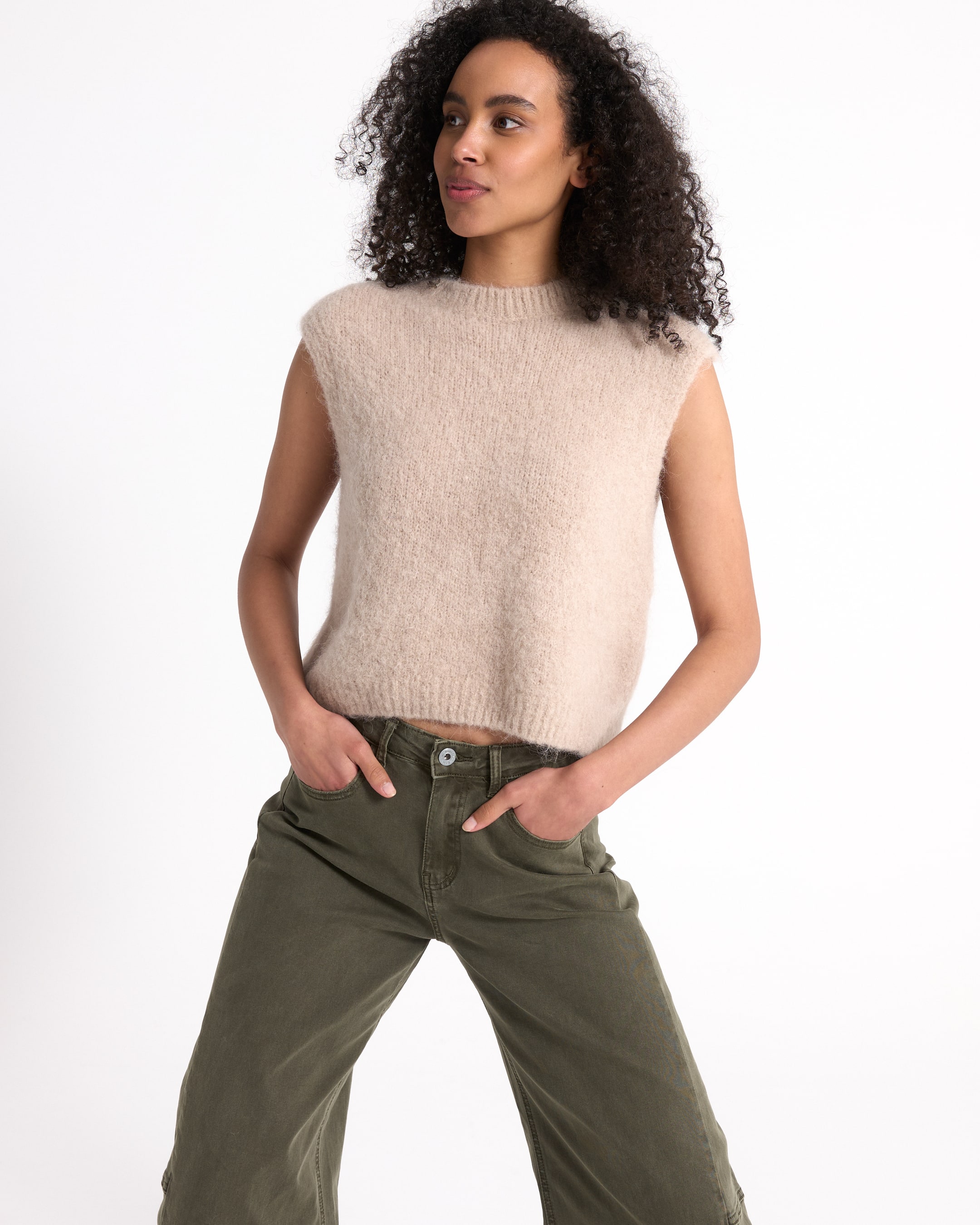 sleeveless sweater, beige knit, fuzzy top, tank top, soft pullover