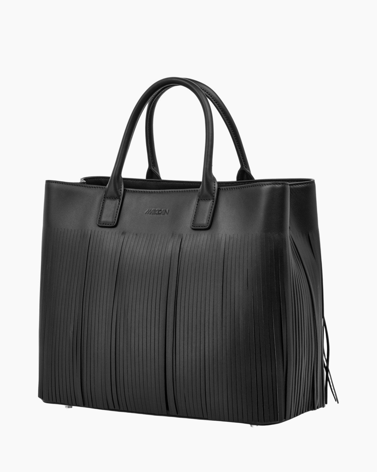 tote bag, fringe detail, black, structured, dual handles
