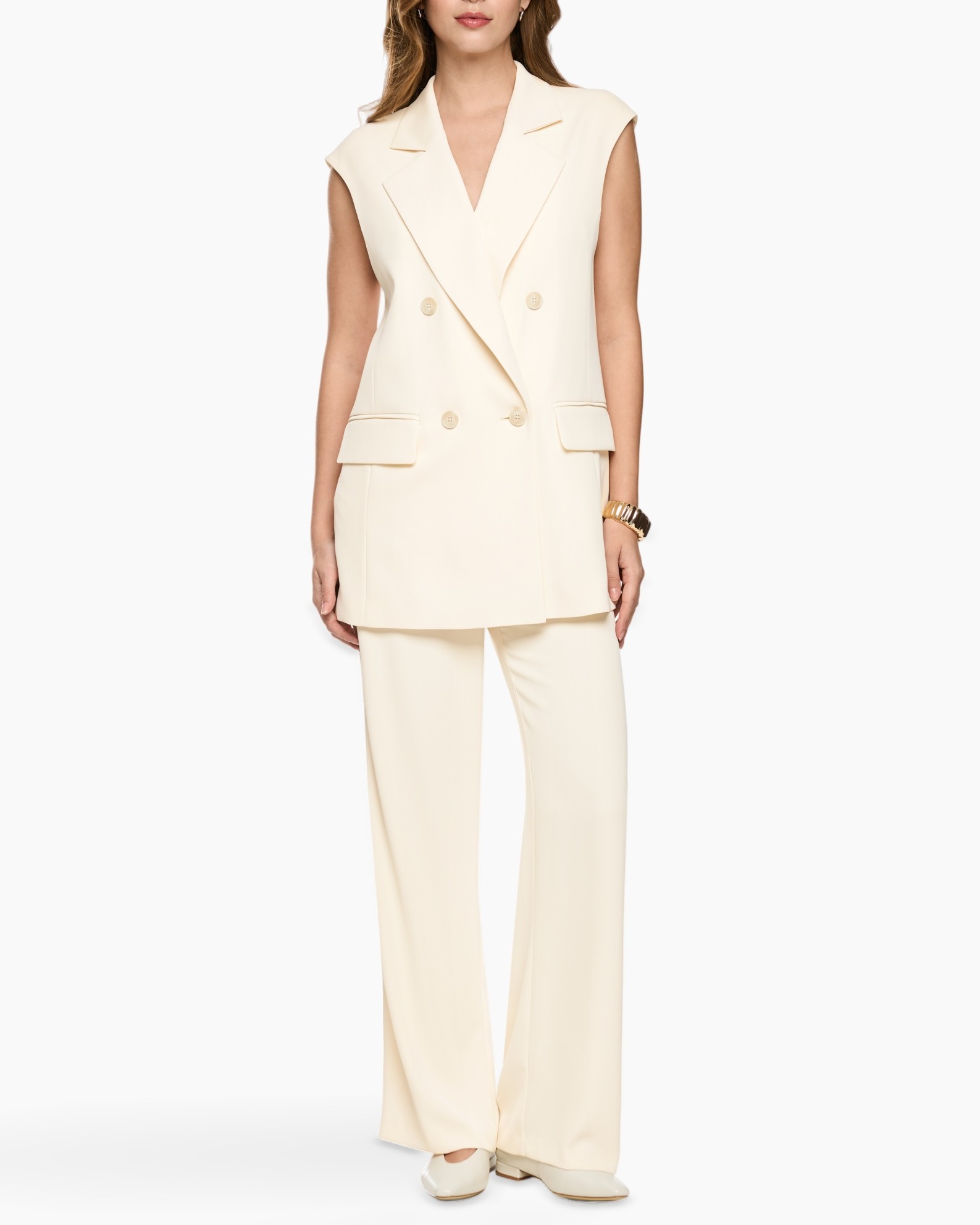 jacket, sleeveless, double-breasted, cream, pantsuit