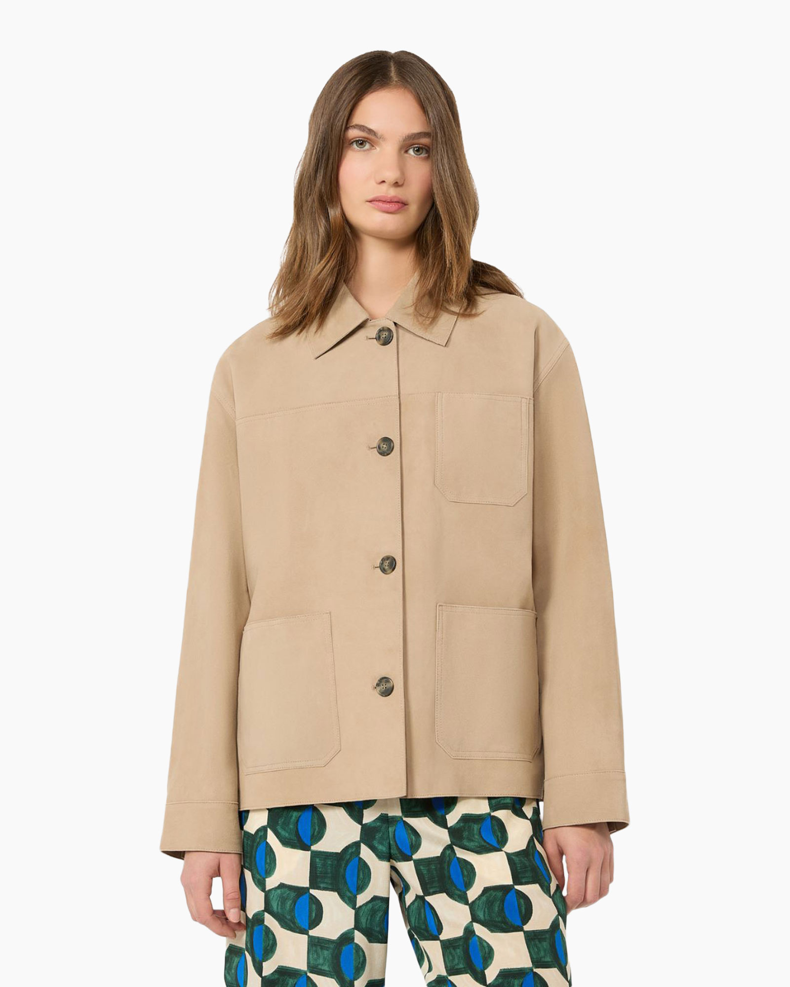 beige jacket, button-front, patch pockets, collared, oversized fit