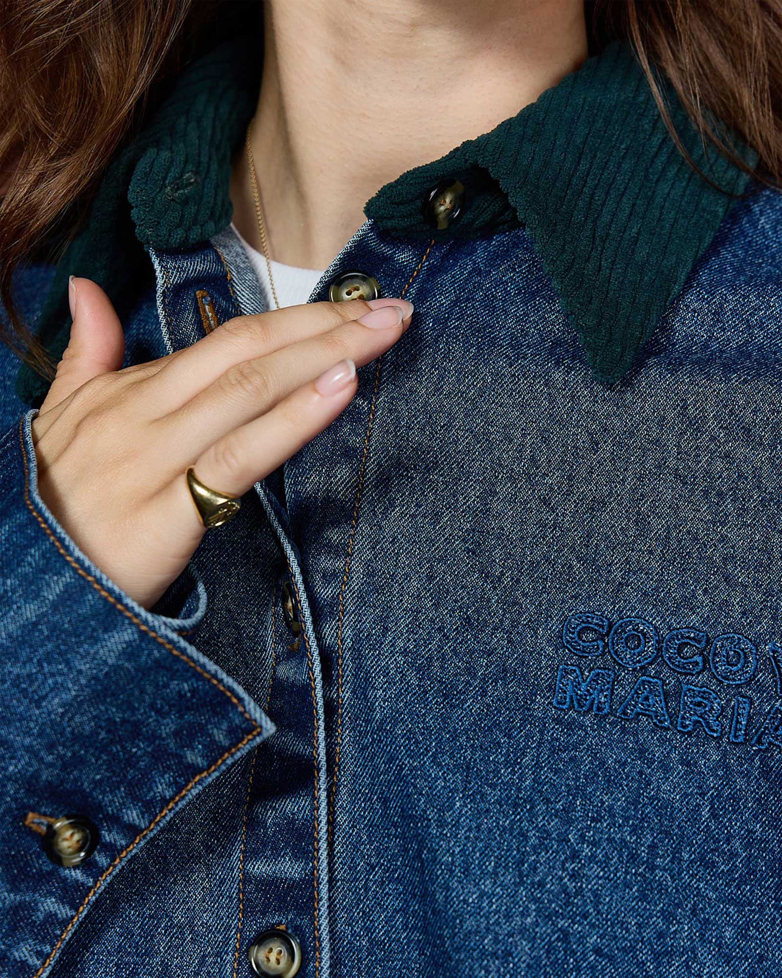 denim jacket, embroidered logo, green corduroy collar, metal button, ring accessory