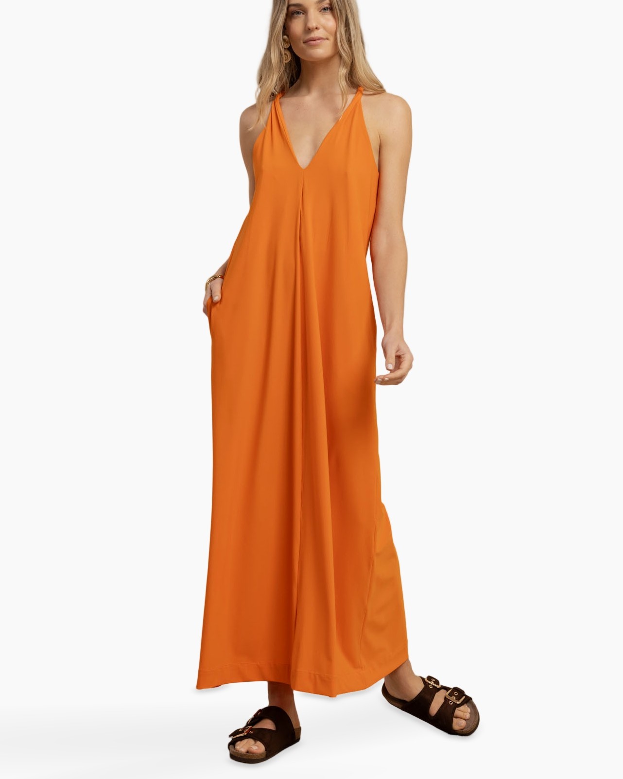 maxi dress, orange dress, halterneck, sleevless, calf-length?, pocketed?, sandals, soft fabric