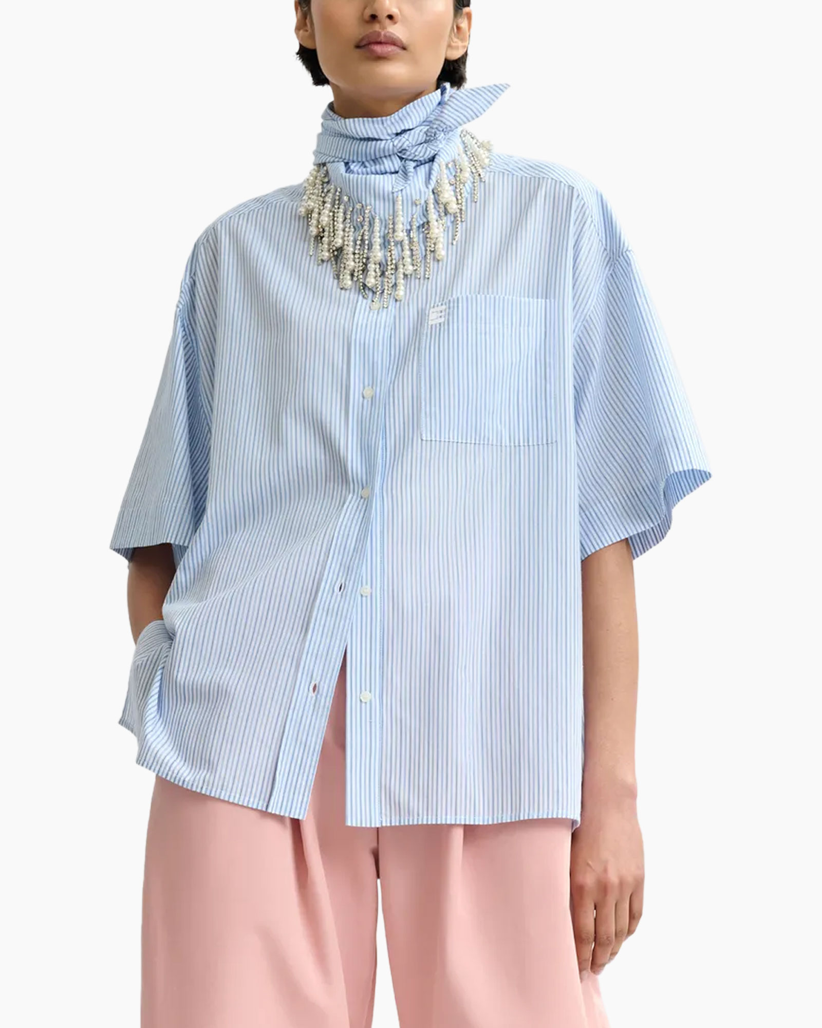 striped shirt, oversized fit, short sleeve, collared, button-down