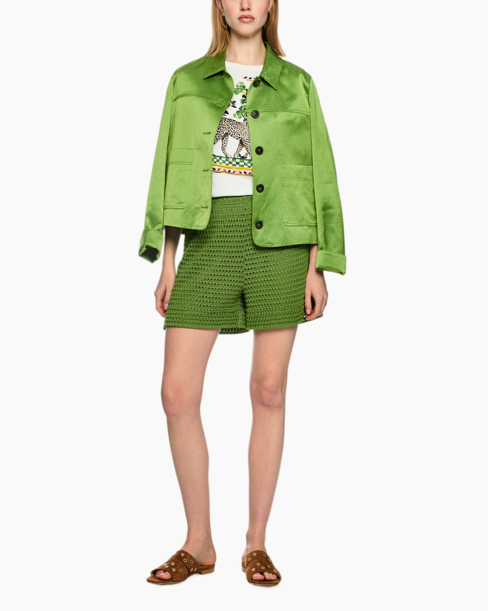 green jacket, suede jacket, cropped jacket, shorts, sandals