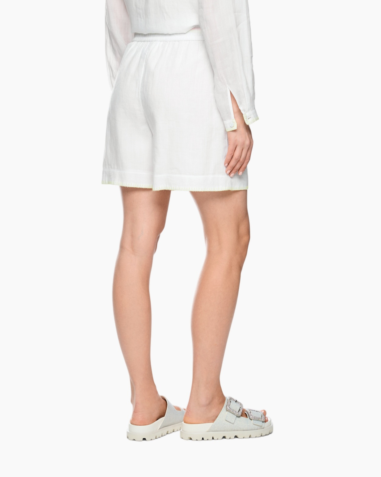 shorts, linen, white, drawstring, slingback sandals