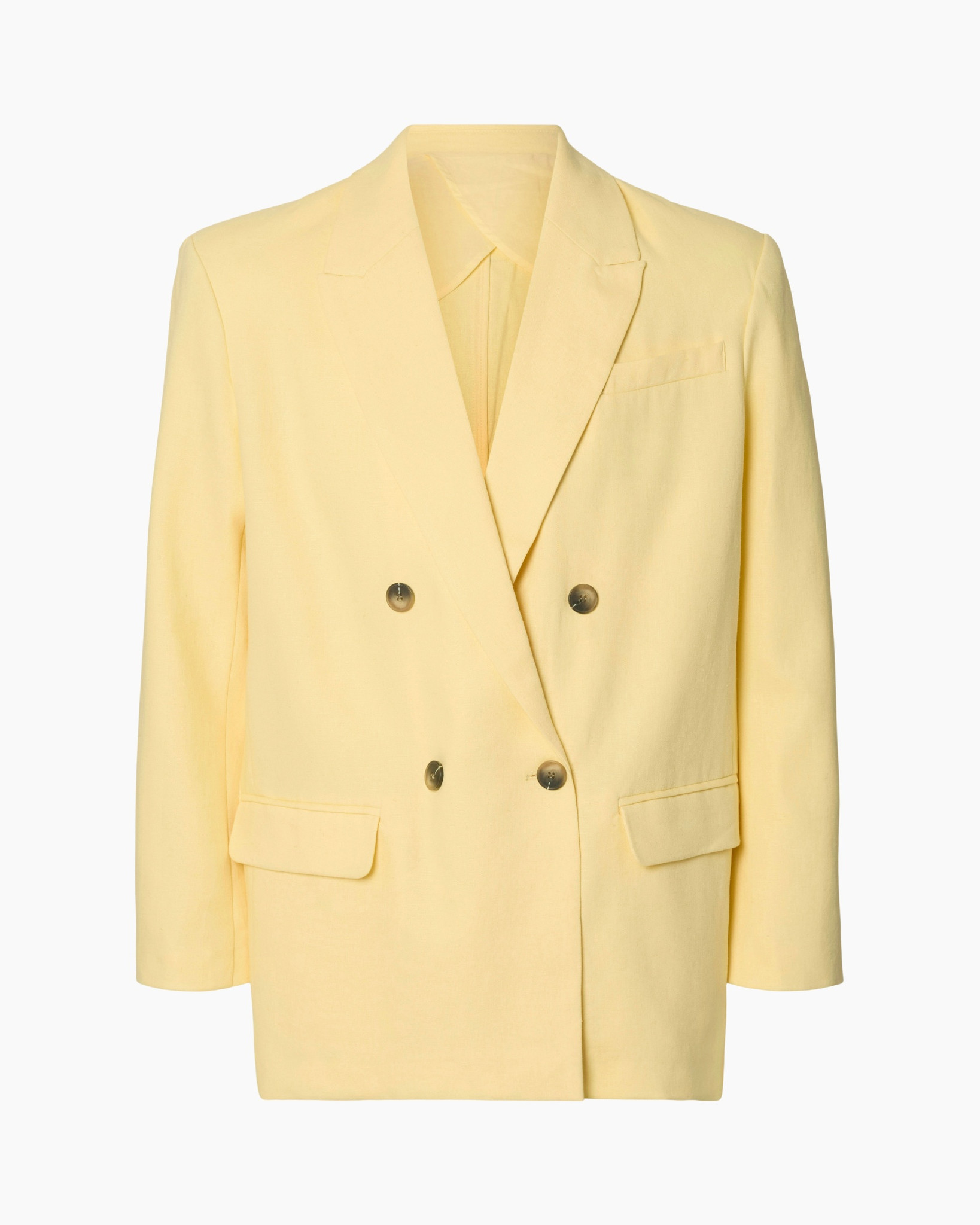 blazer, double-breasted, yellow, linen?, pocket