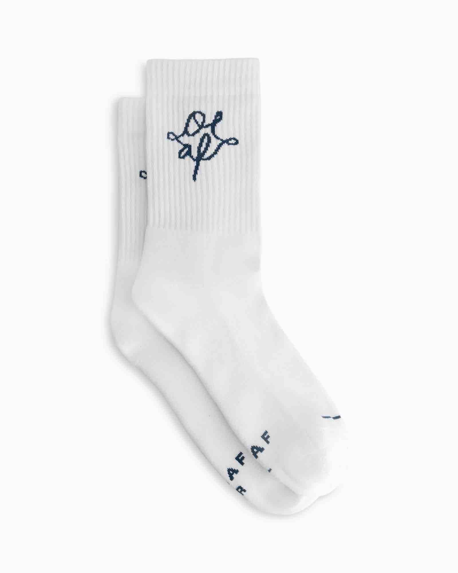 socks, crew socks, white, embroidery, navy logo