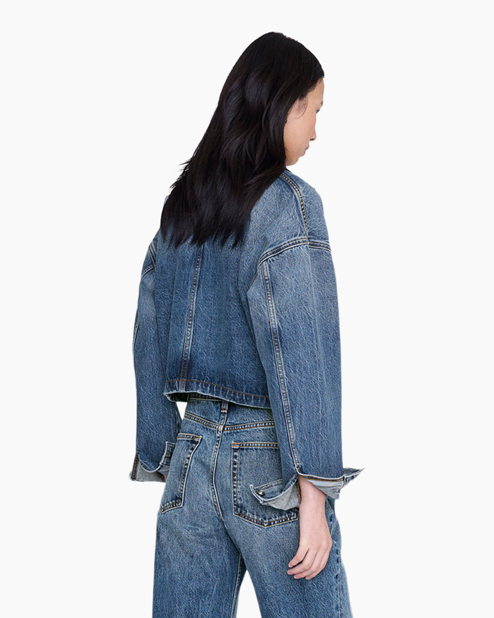 denim jacket, blue jeans, collar, metal buttons, pocket front
