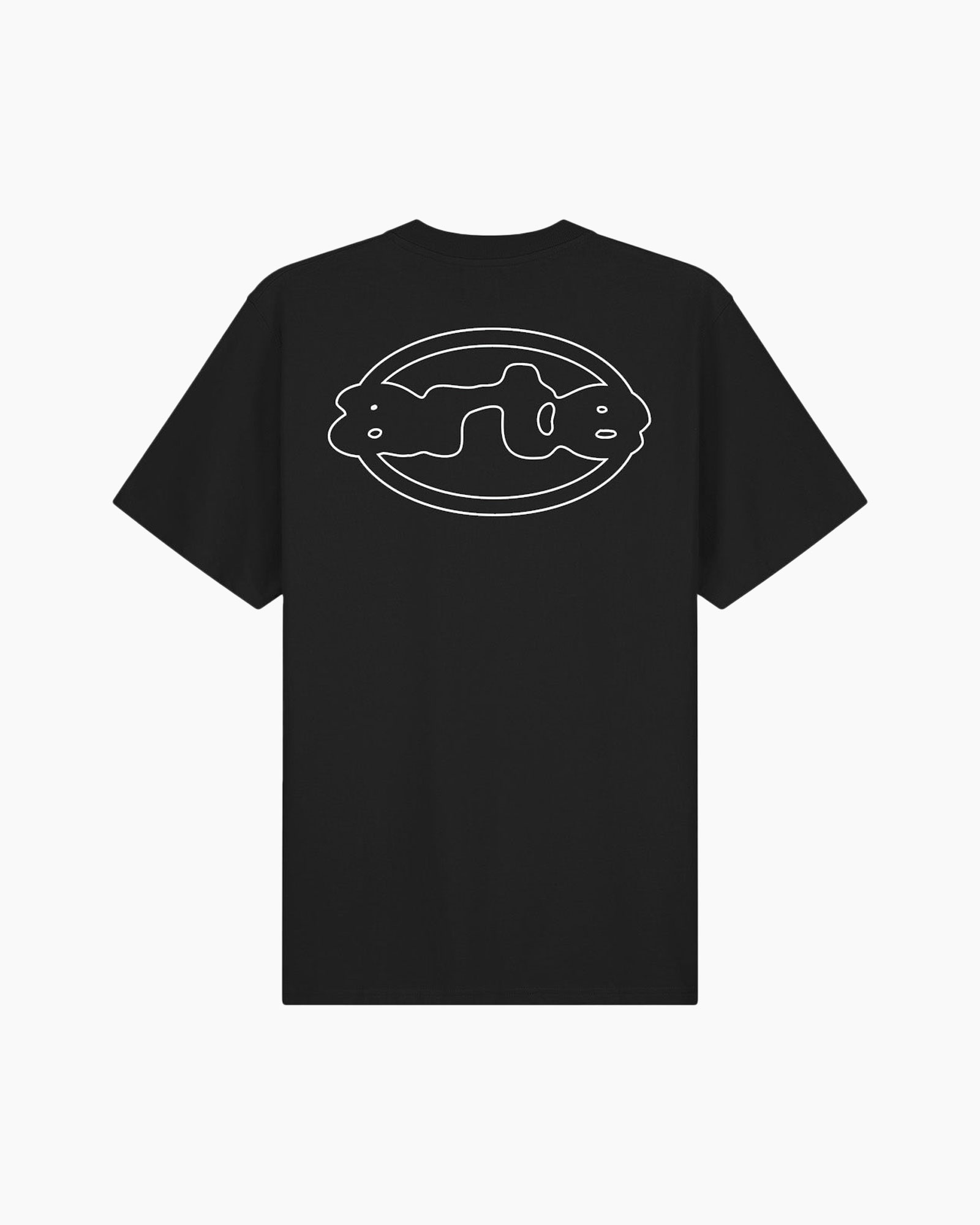 t-shirt, black, graphic, oval logo, line art