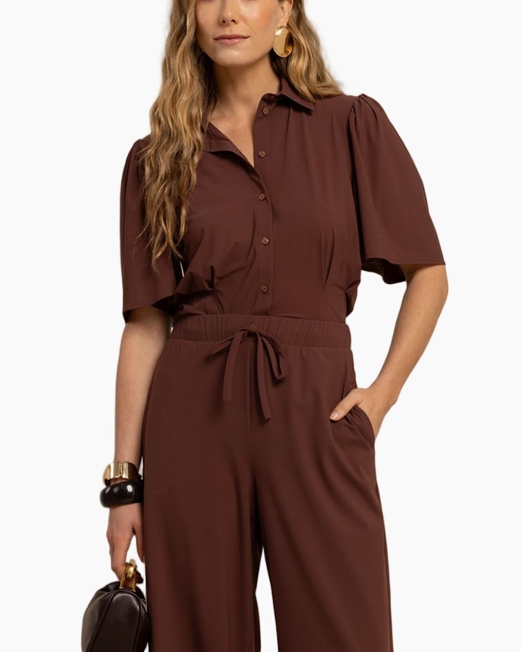 jumpsuit, romper, brown, belly-button?, knot belt, short sleeve, button-up, wide leg