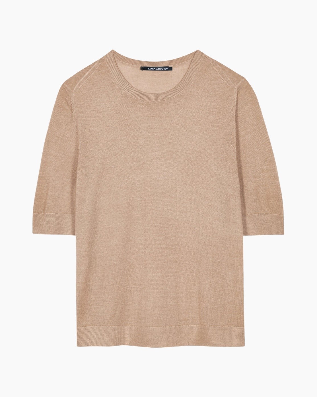sweater, beige, knit, crewneck, three-quarter-sleeve