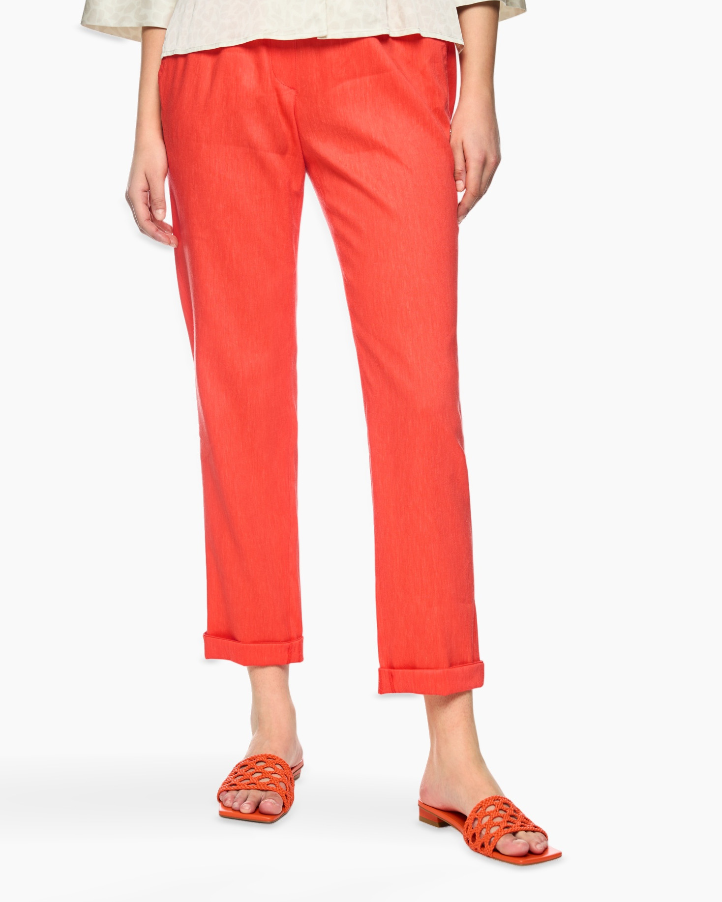 pants, red, linen, ankle-length, slim-fit