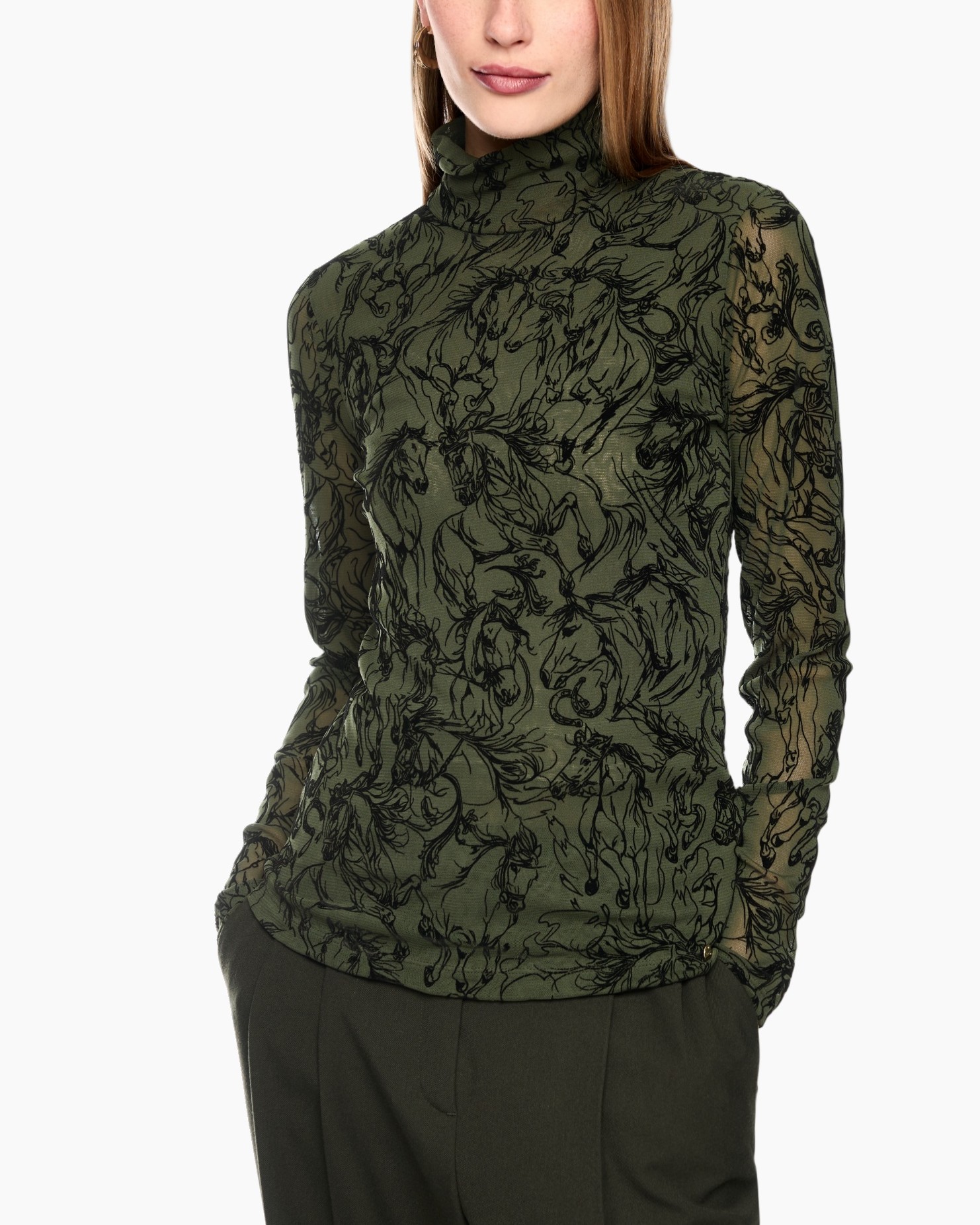 turtleneck, sheer, print, knit, green