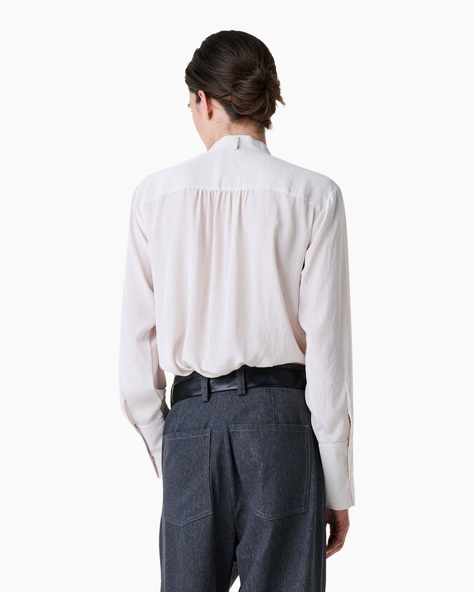 back view, long sleeve, blouse, white, tucked-in