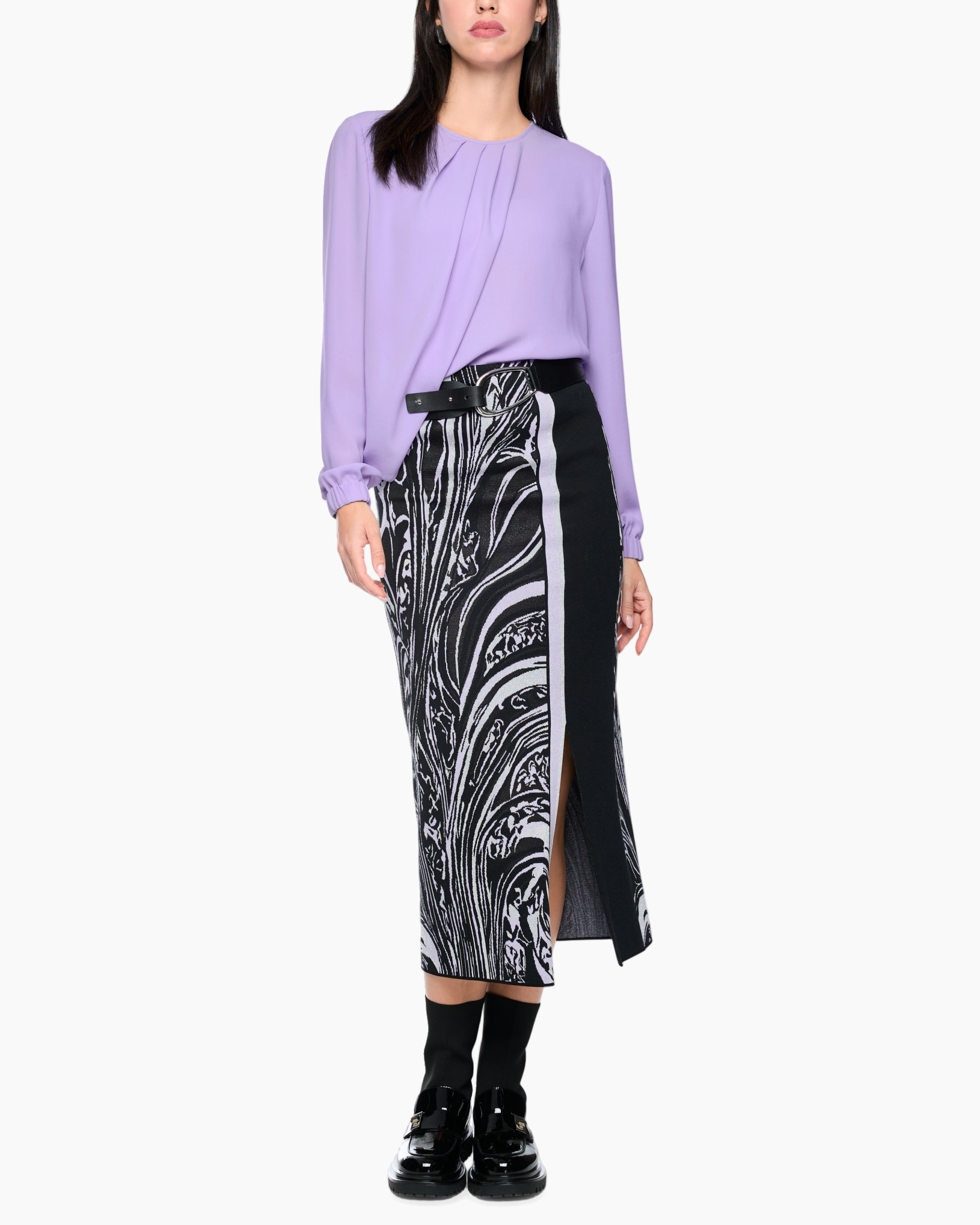 purple blouse, pleated top, mixed pattern skirt, high-waisted skirt, mid-calf length