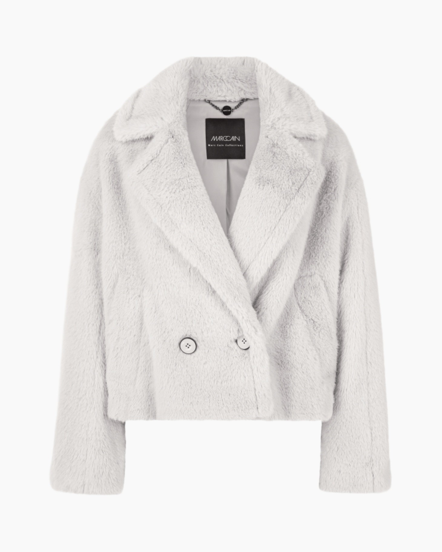 coat, faux fur, double-breasted, white, cropped