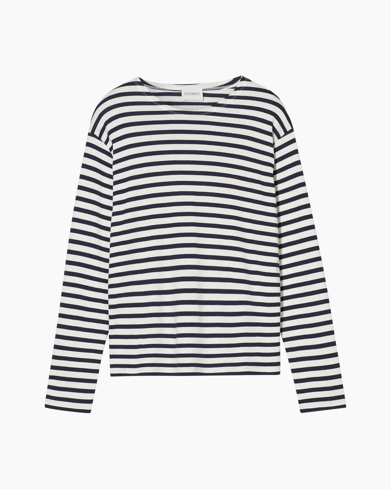 striped, long-sleeve, navy white, horizontal stripes, crew neck