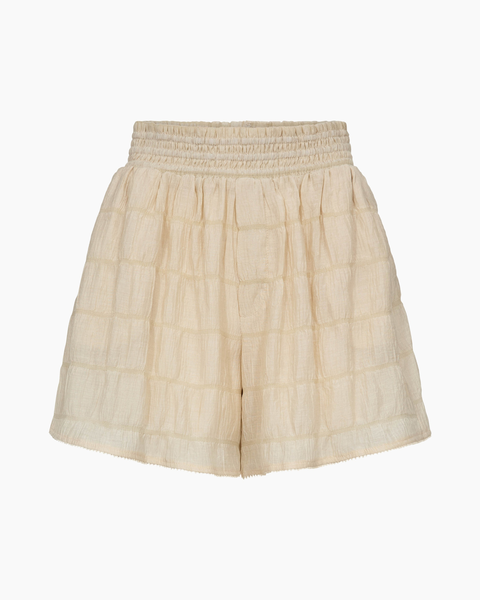 shorts, linen, cream, tiered, elastic-waist