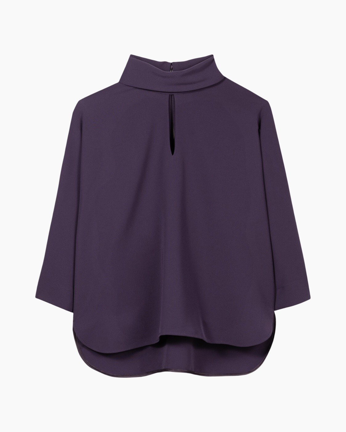 blouse, purple, high-neck, sleeveless?, keyhole, curved hem