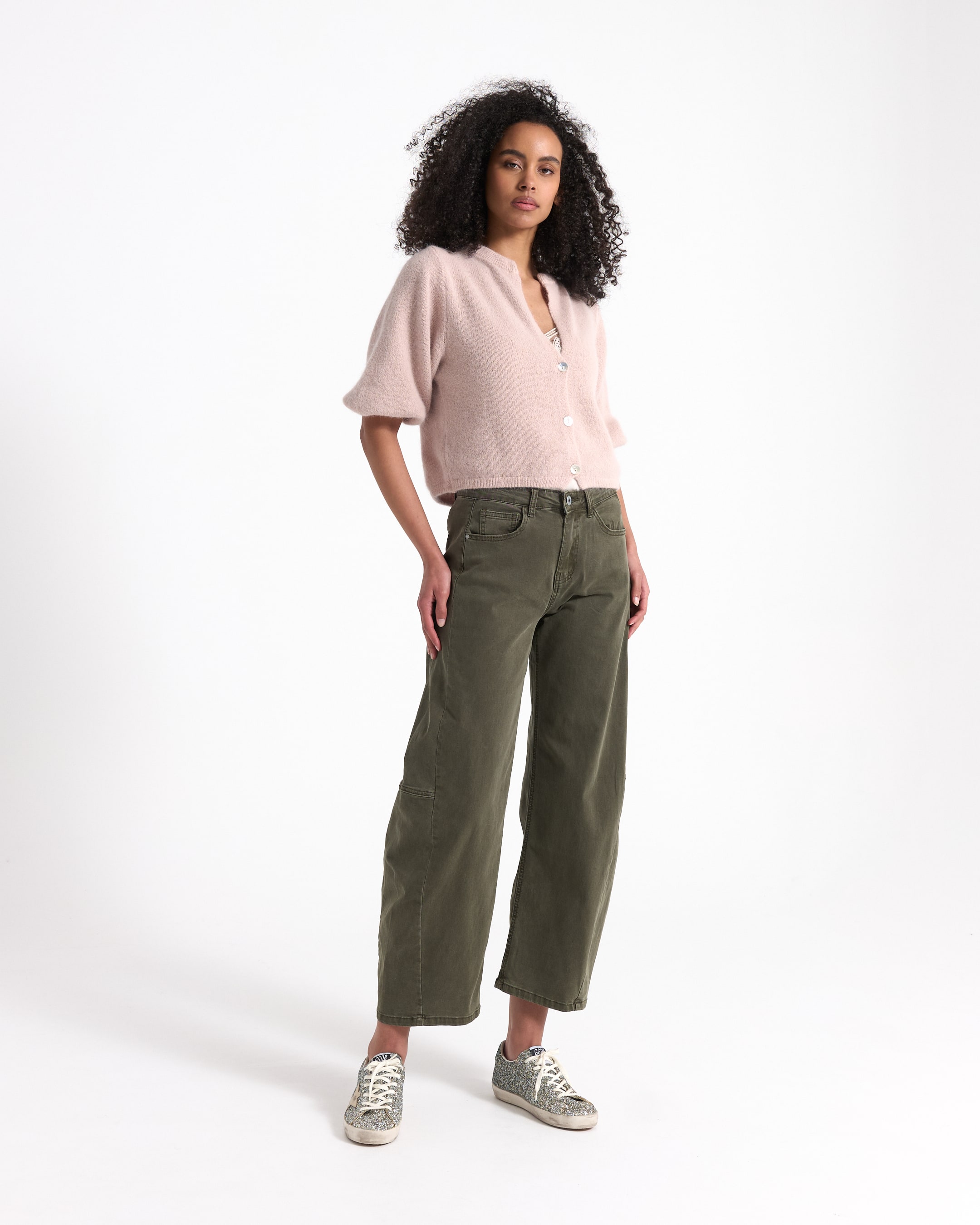 top, cute cardigan, pink cardigan, short sleeves, olive pants