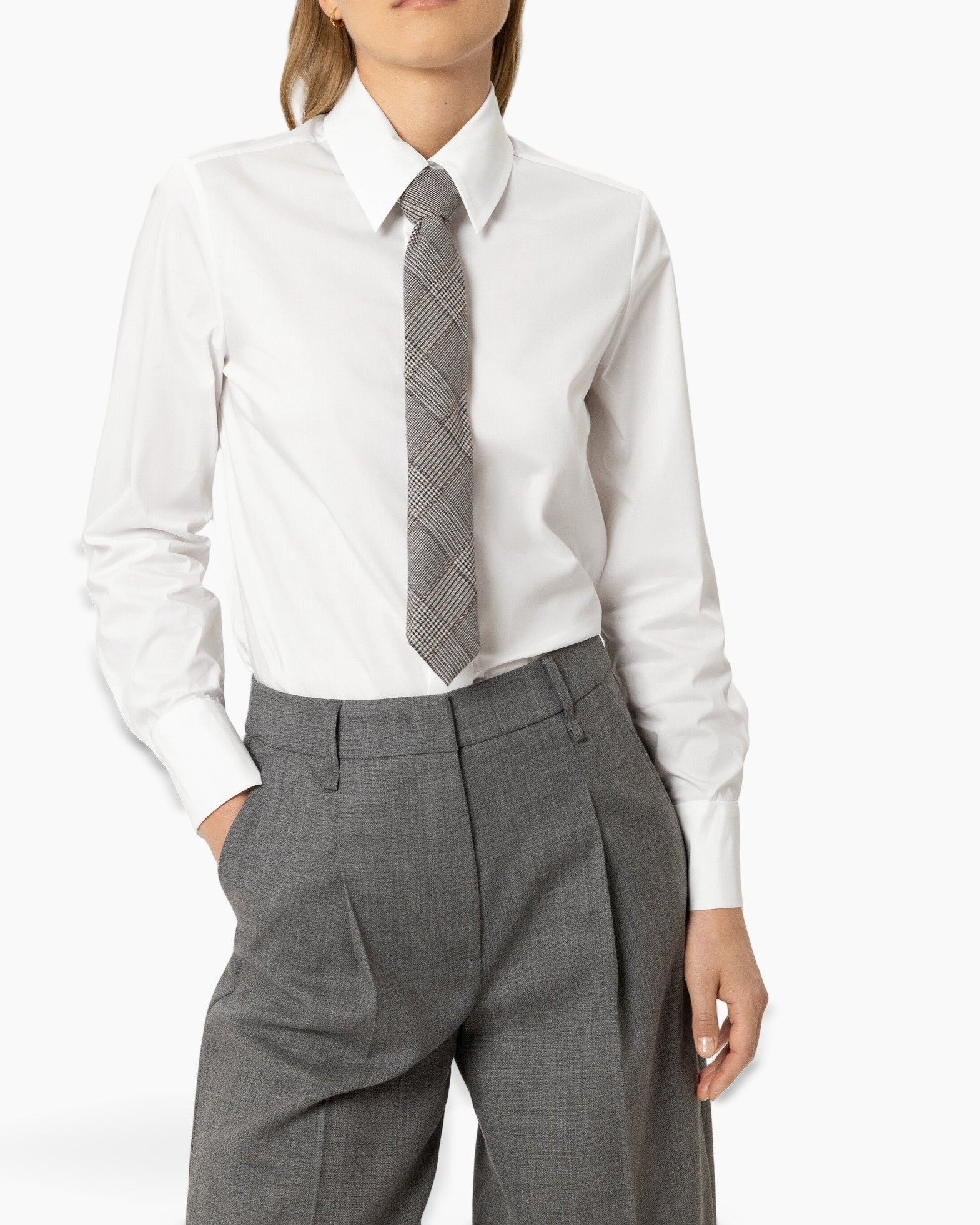 white shirt, button-down, tie, gray trousers, formal attire
