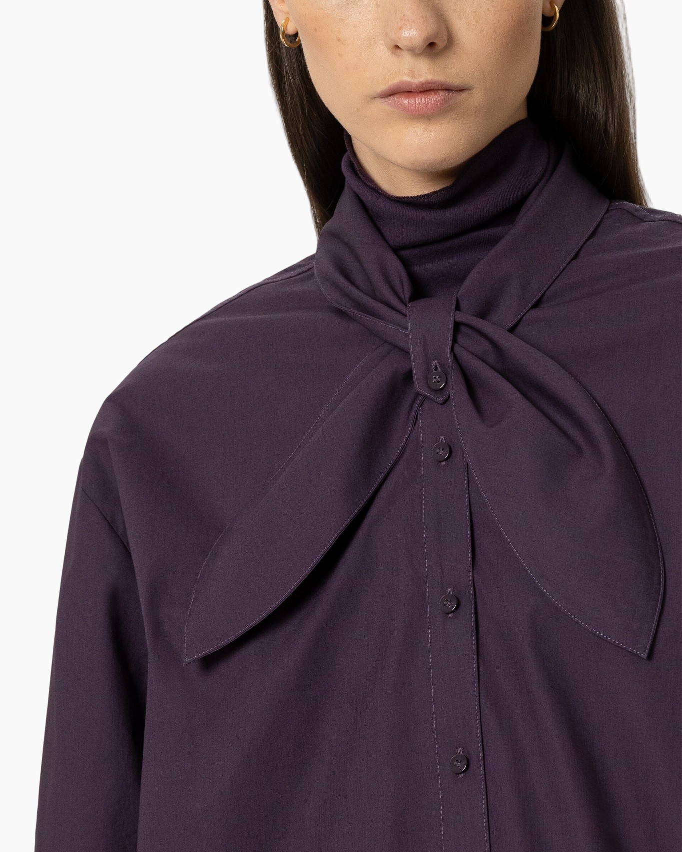 blouse, purple, scarf-neck, button-down, long-sleeve