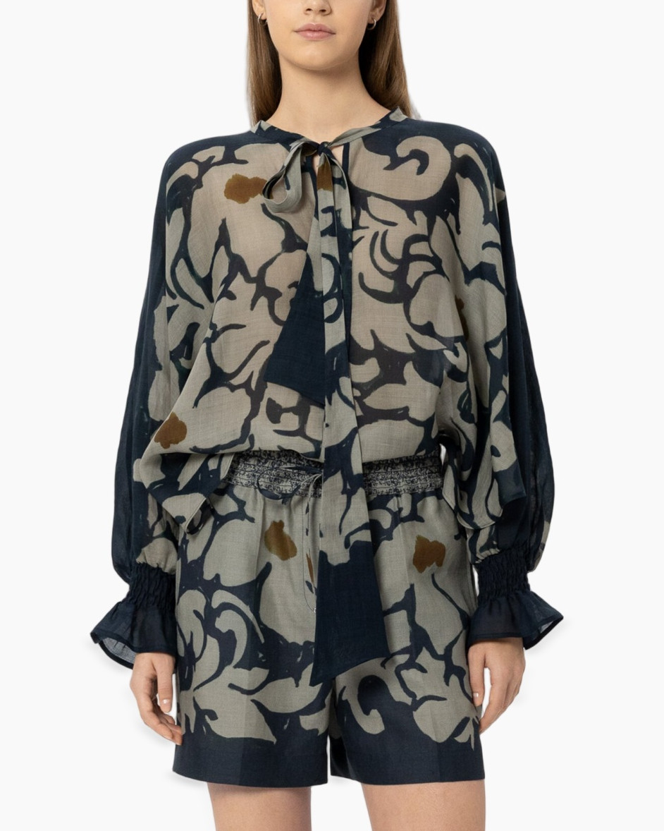 blouse, long-sleeve, tie-neck, abstract-pattern, shorts-set