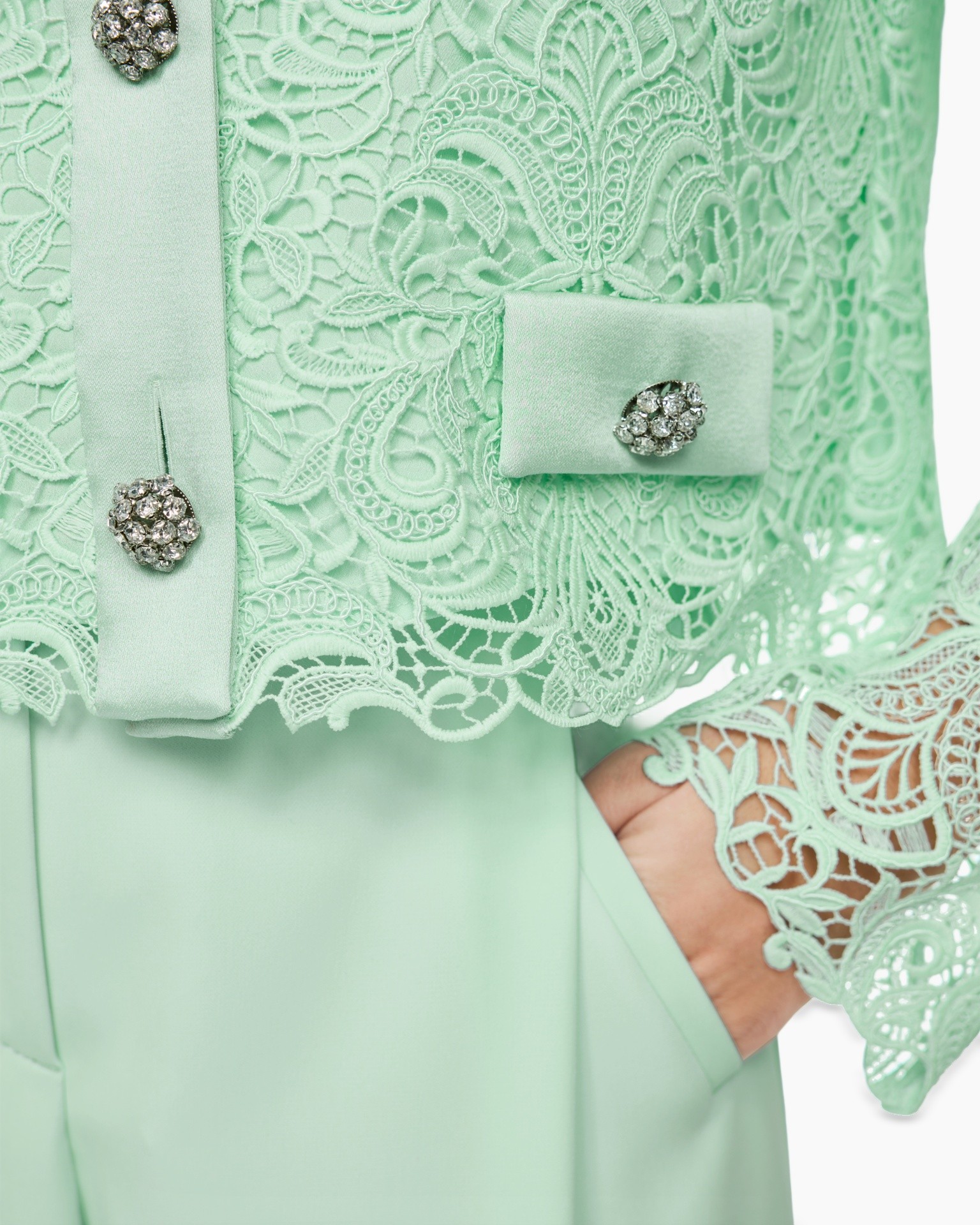 lace, mint green, jacket, button, embroidery