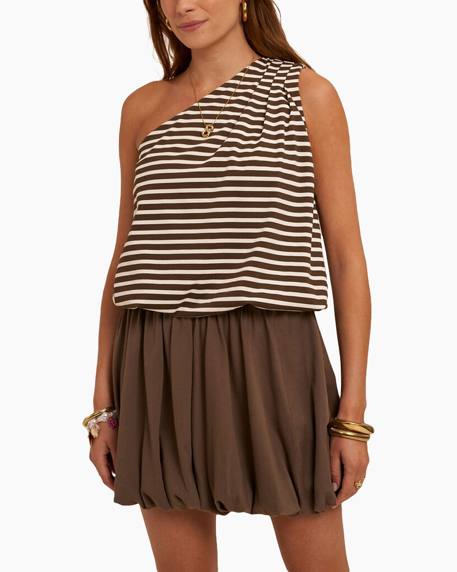 one-shoulder top, striped top, brown top, bubble skirt, gold jewelry