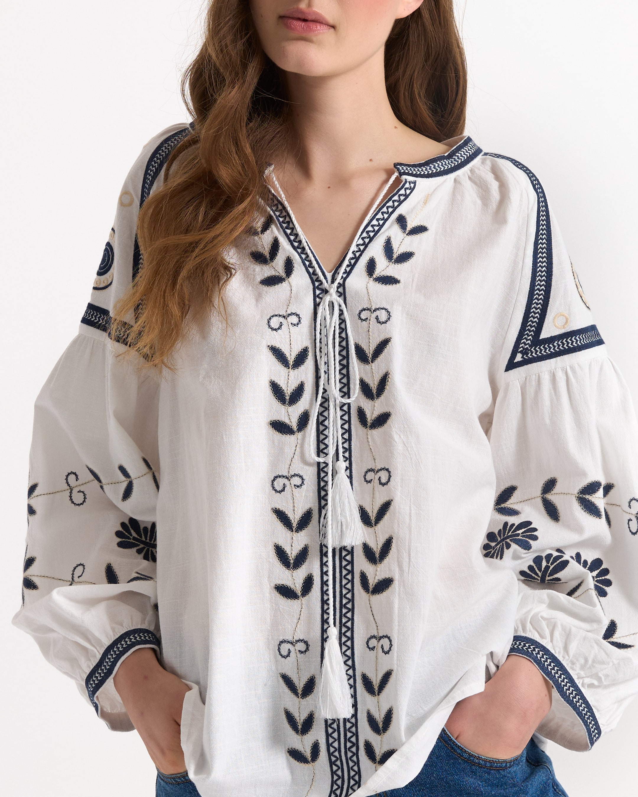 blouse, embroidered, white, longsleeve, v-neck
