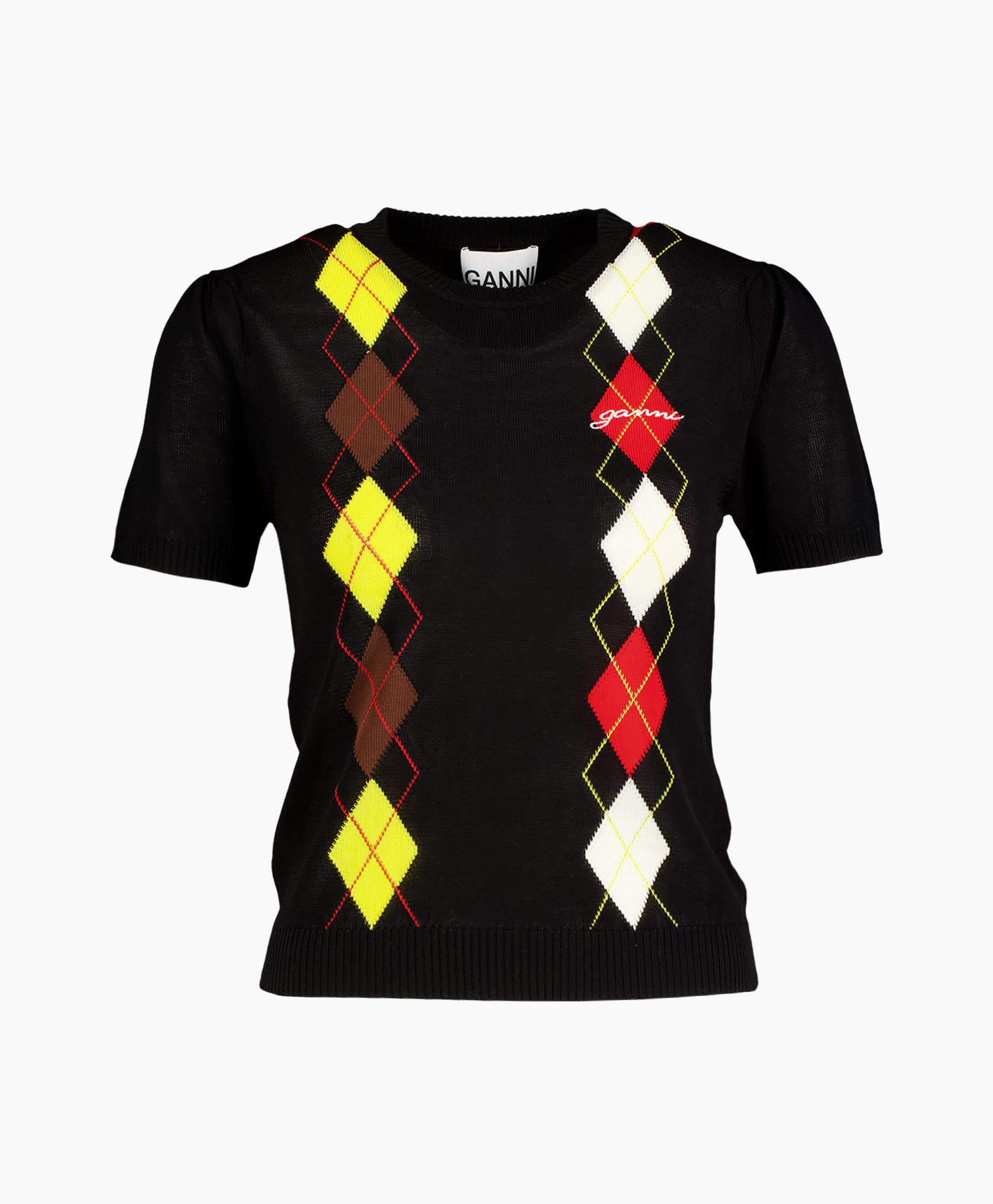 knit sweater, argyle pattern, short sleeves, black, color blocks