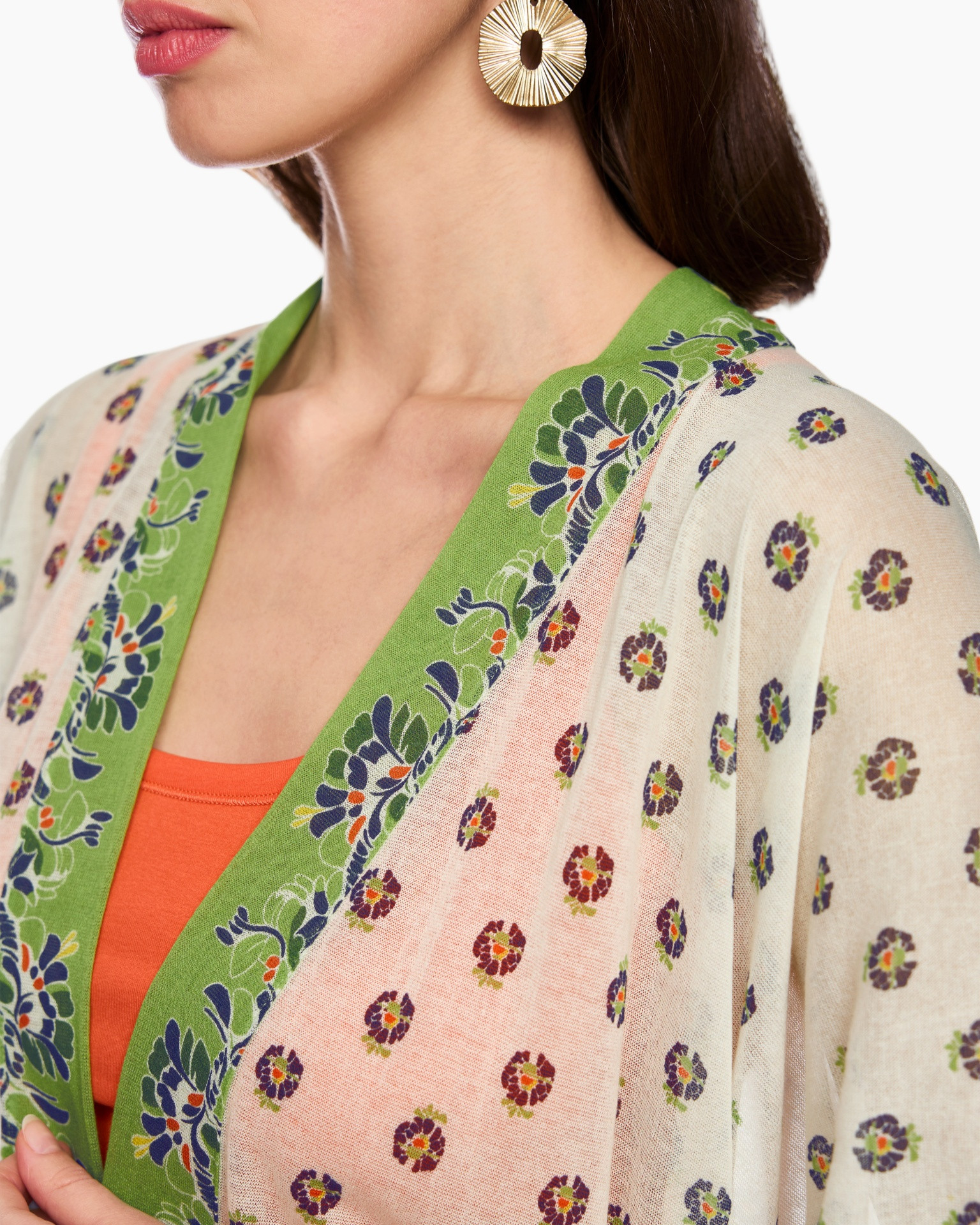 cardigan, kimono, green trim, floral pattern, beige