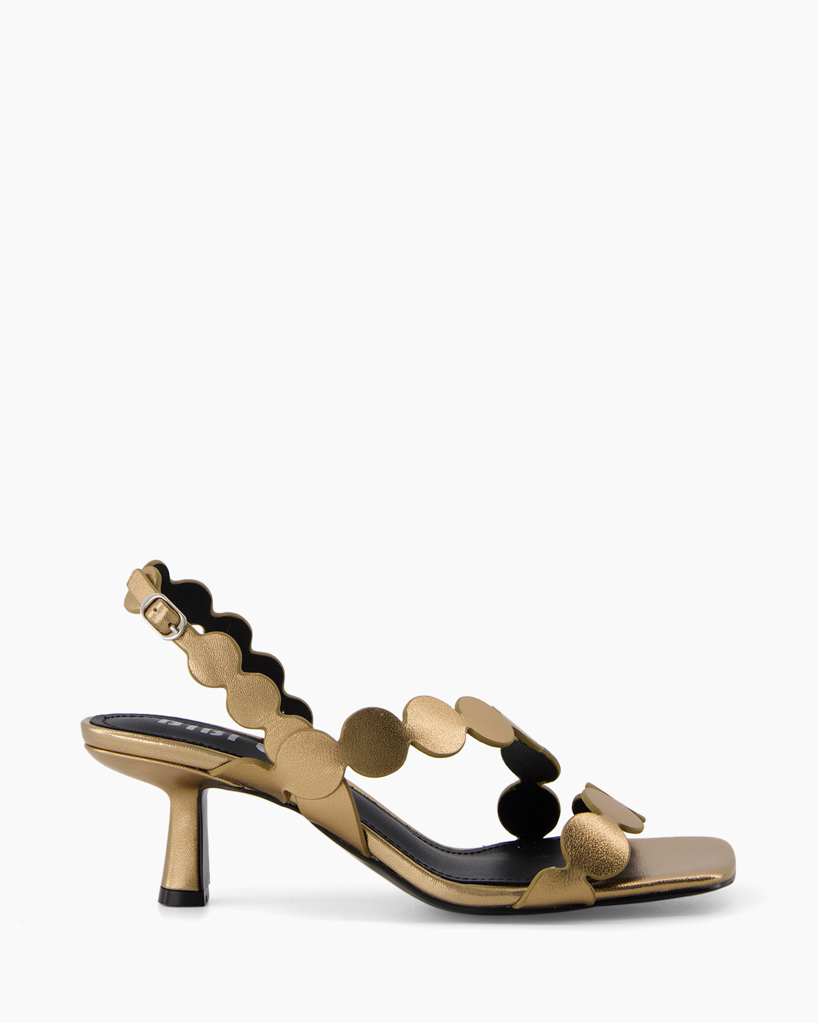 high-heeled sandal, metallic sandal, strap sandal, gold color, scalloped strap