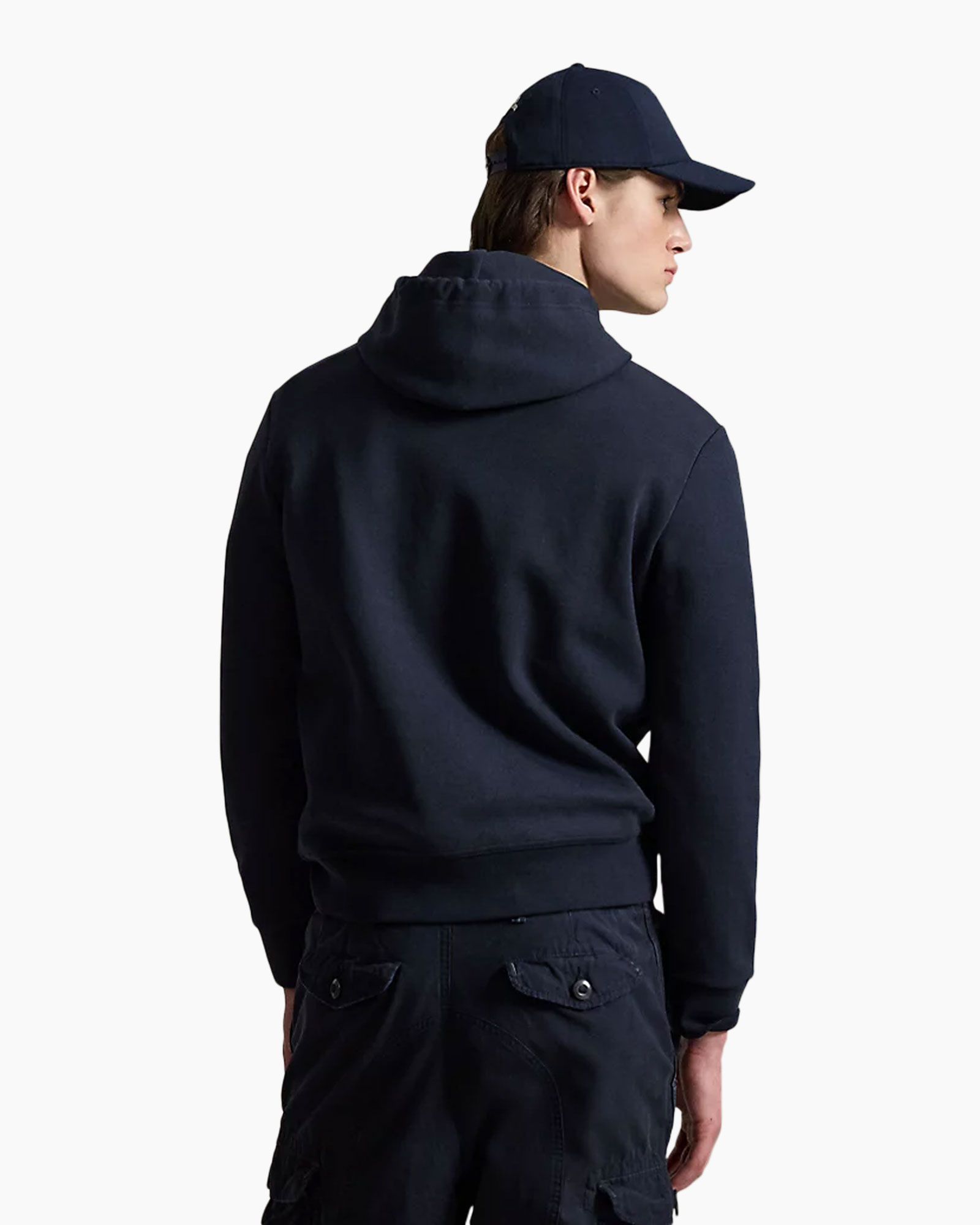 hoodie, hooded sweatshirt, navy, back view, pants with pockets