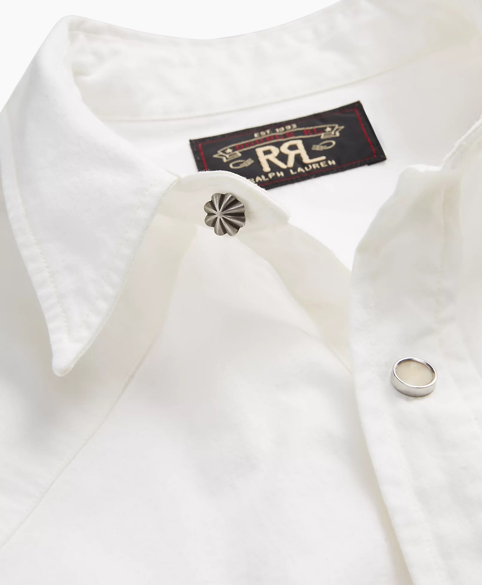 white shirt, collar, metal button, top button, label Ralph Lauren