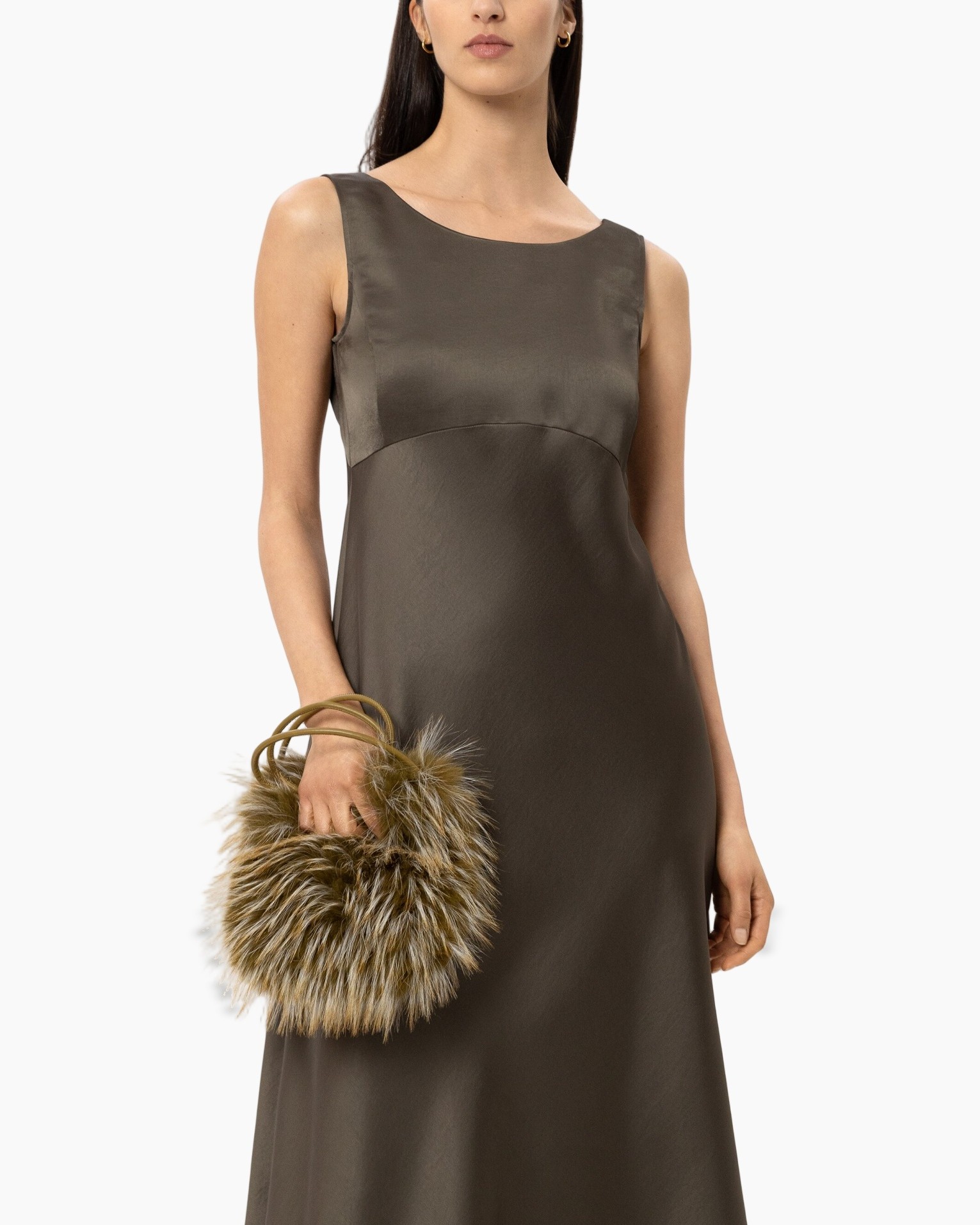 evening dress, satin dress, midi dress, olive green, faux fur handbag