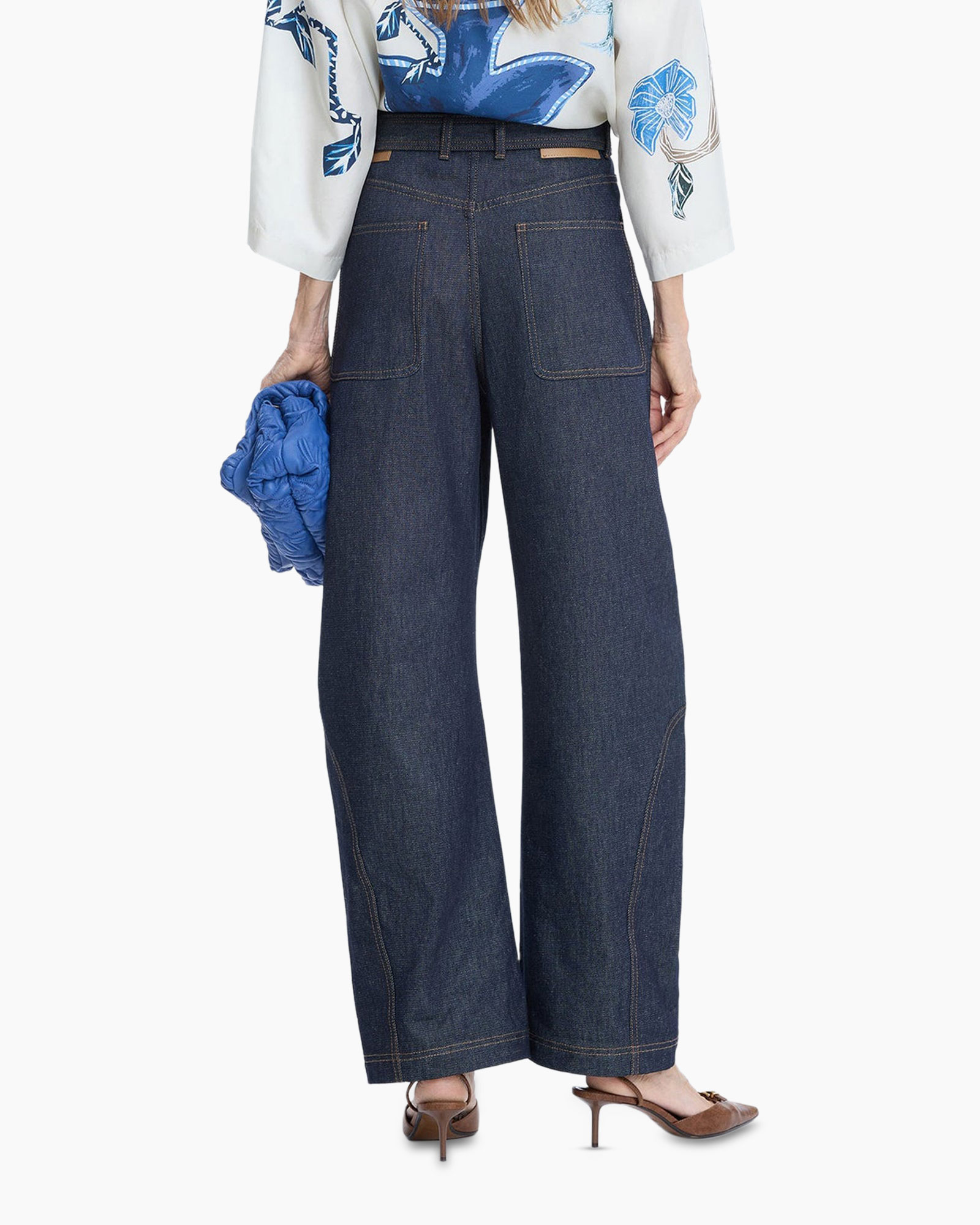 wide-leg jeans, denim pants, high-waist, belted, brown heels