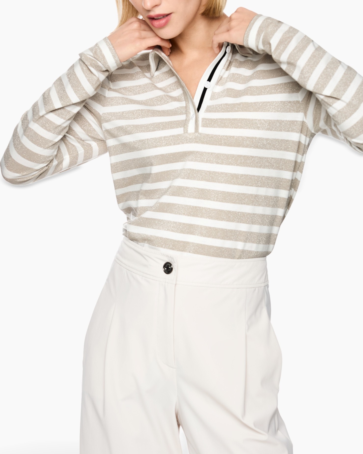 striped top, long-sleeve, polo collar, glitter stripe, high-waist pants