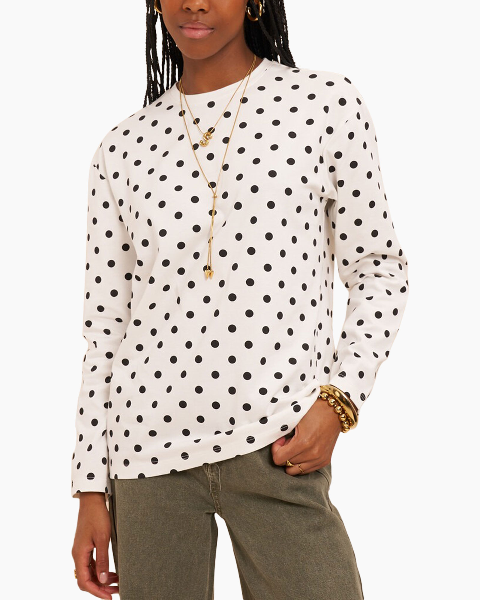 polka dot, long sleeve, white top, knit sweater, casual shirt
