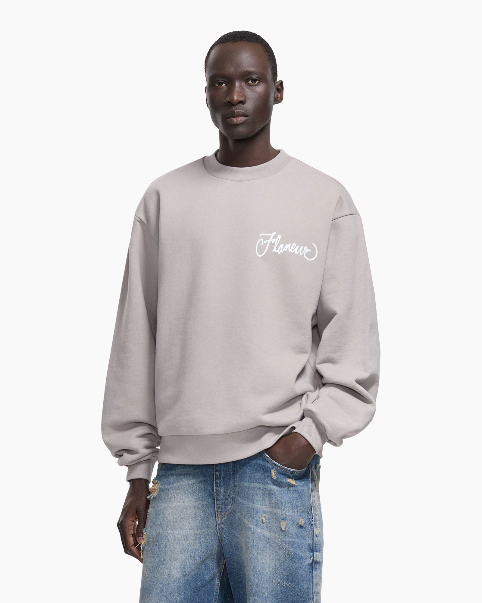sweatshirt, back graphic, cityscape, blue mural, beige