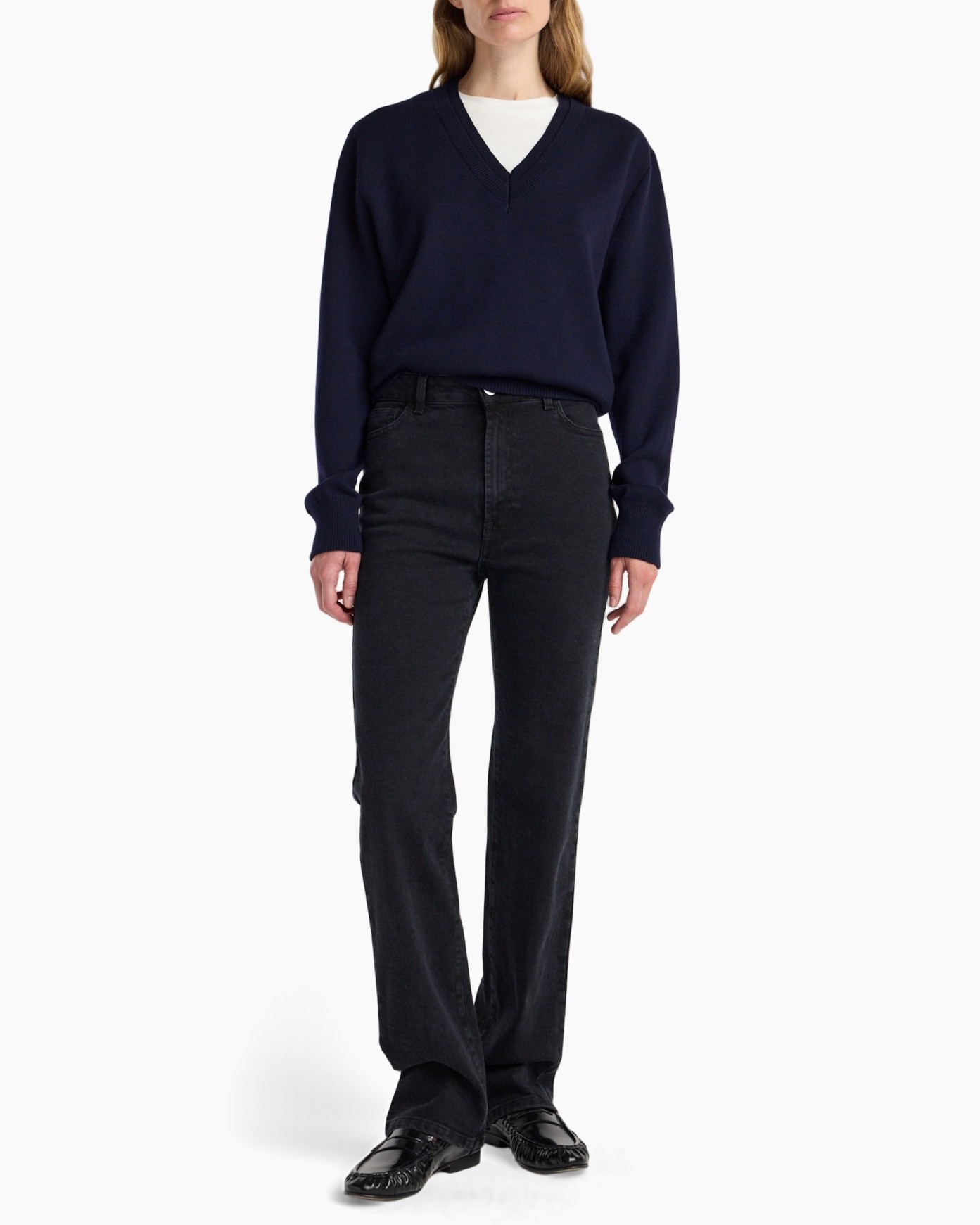 sweater, V-neck, long sleeves, navy, knit